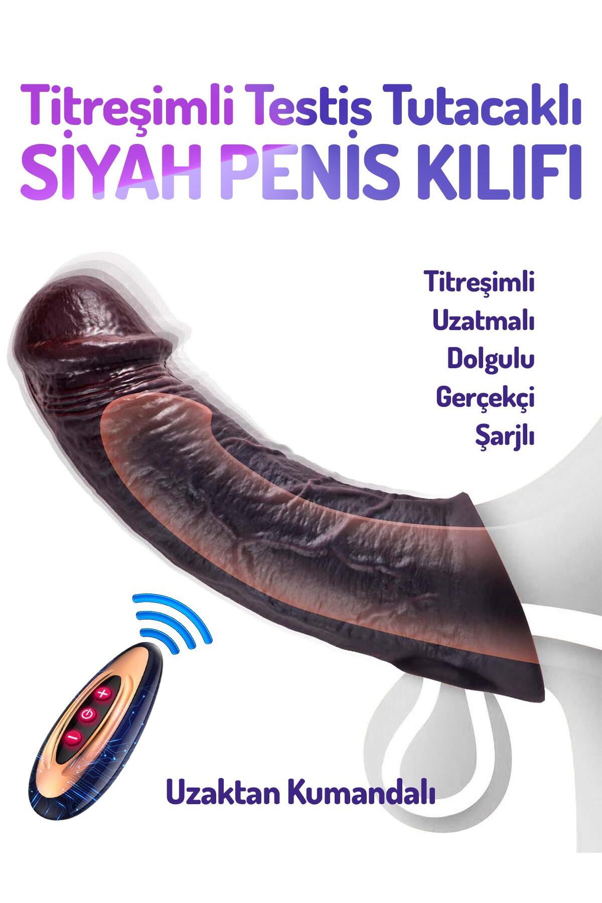 Dolgulu 5 Cm Uzatmalı Uzaktan Kumandalı 20 Cm Şarjlı 9 Titreşim Testis Tutacaklı Siyah Penis Kılıfı