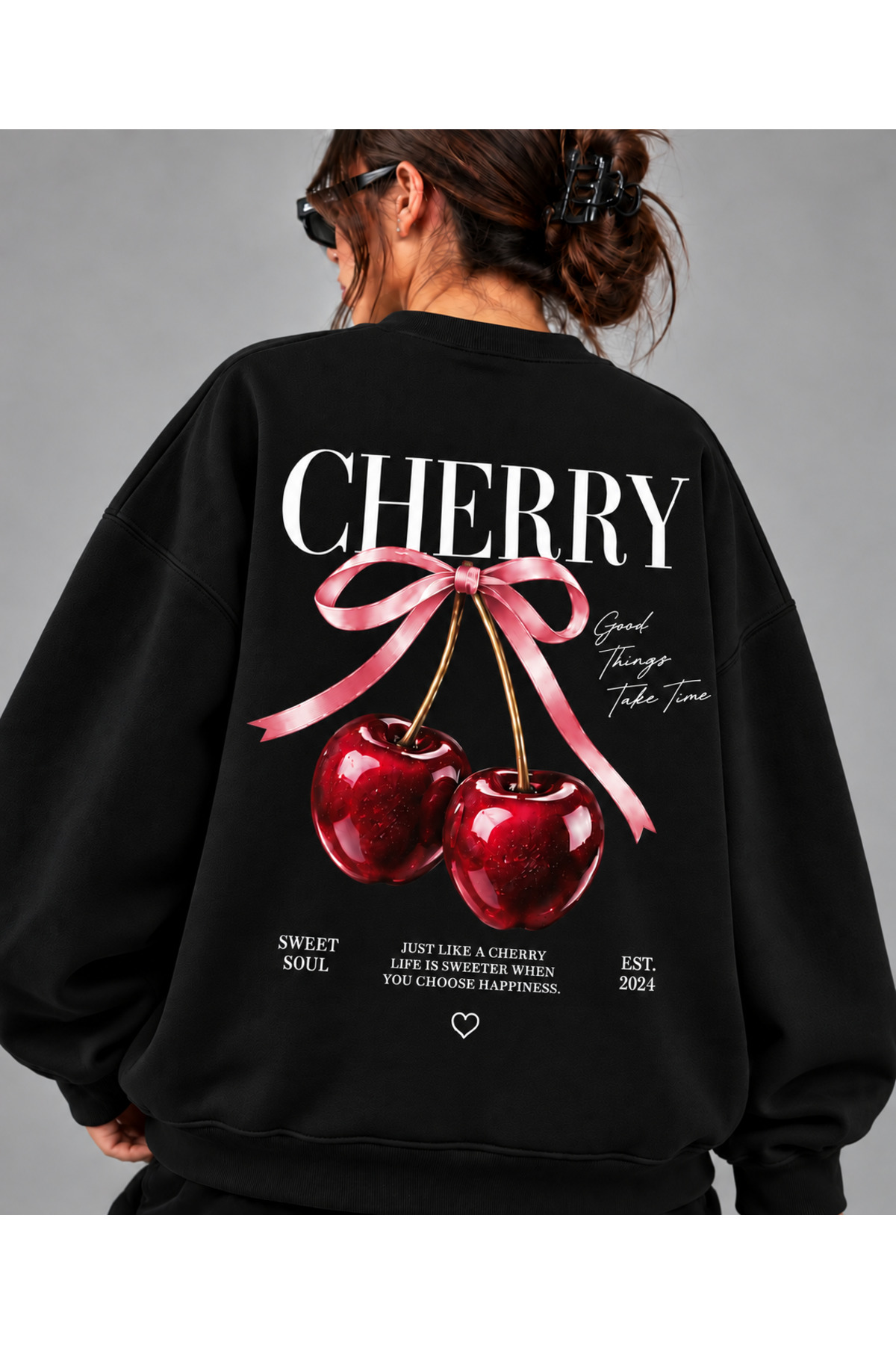 Unisex Kadın/Erkek CHERRY SWEATSHIRT Renkli Baskısız Oversize Bisiklet Yaka Pamuklu Sweatshirt — مشکی CHERRYSWEATSHIRT-MAVİSS-