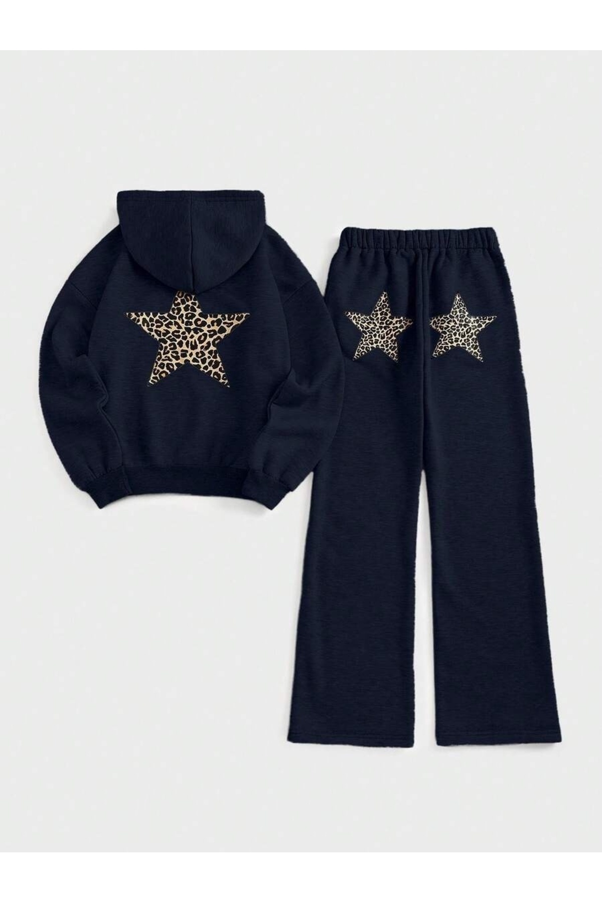 Unisex Lacivert Leoparlı Yıldız Baskılı Kapşonlu Baggy Alt Takım Baskılı Premium Oversize T-shirt — سرمهای baggytakım-I8-1789754212632