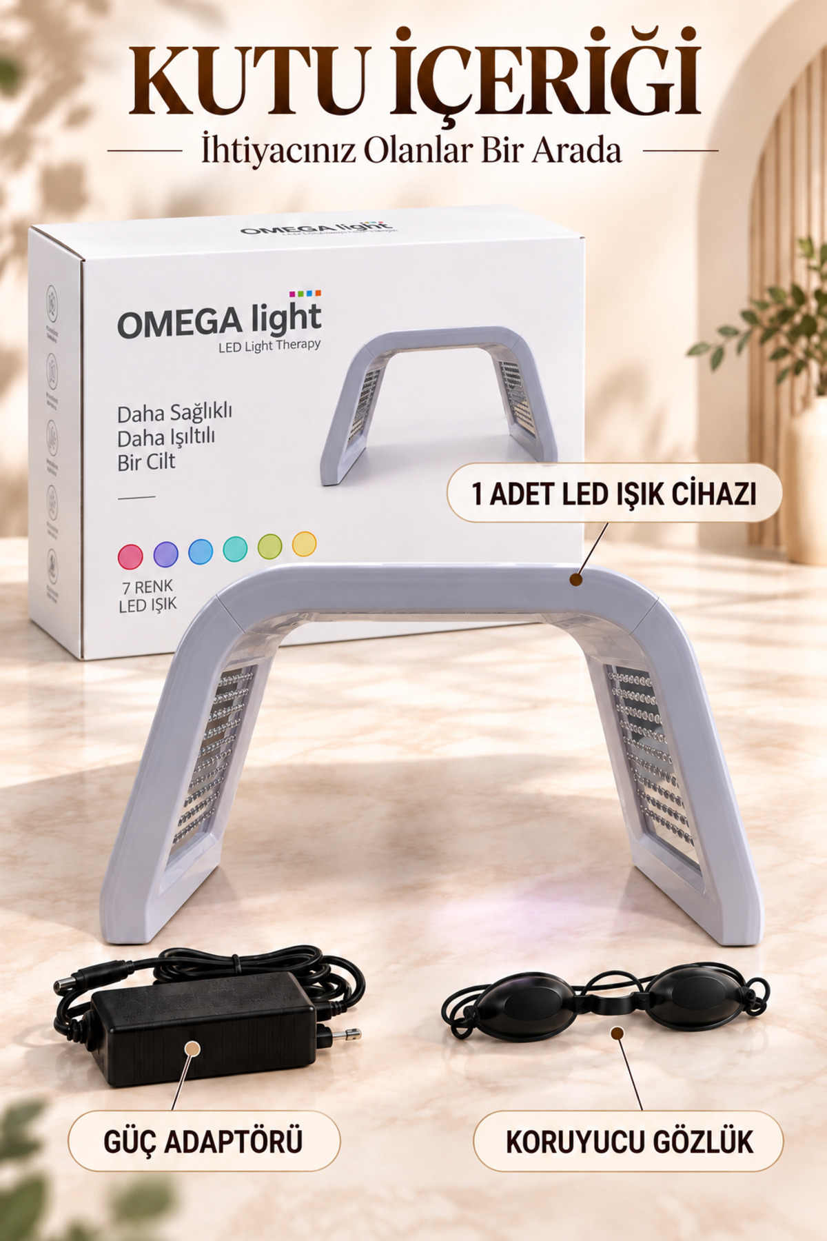 Omega Light Profesyonel LED Işık Terapi Cihazı, Yüz ve Cilt Bakım Maskesi, Kırmızı Mavi Işık, Akne Leke Kırışıklık Bakımı, Fototerapi, Koruyucu Gözlük ve Adaptör Dahil — سفید DF-LM03 — تصویر 5 از 8