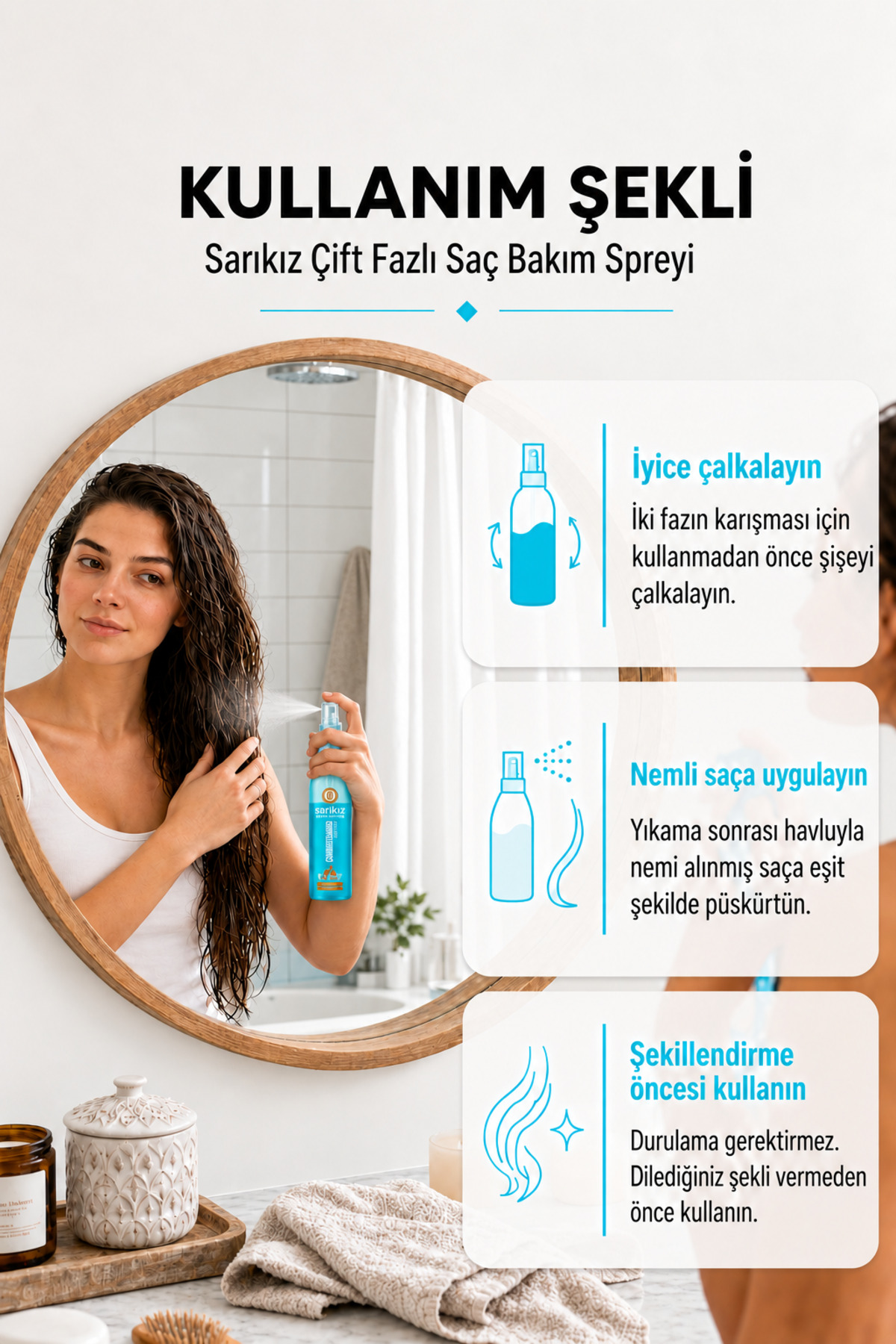 Çift Fazlı Fön Suyu Saç Bakım Spreyi – Elektriklenme Karşıtı, Kolay Tarama ve Parlaklık | 400 ml — 0001conditioner-mavisarıkız — تصویر 3 از 3