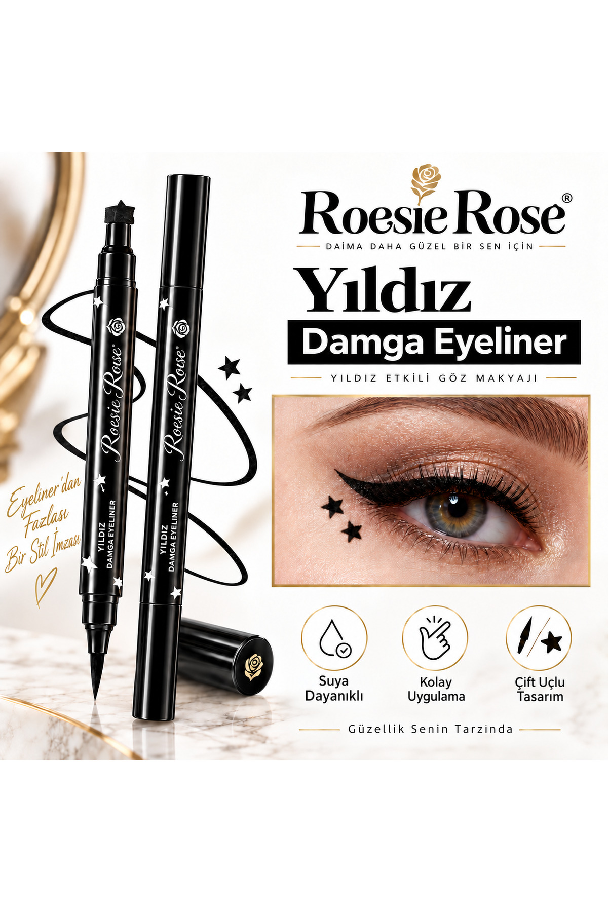 Çift Uçlu Yıldız Damgalı Eyeliner Siyah İnce Uçlu Stamp Makyaj Kalemi — مشکی 365279 — تصویر 3 از 8