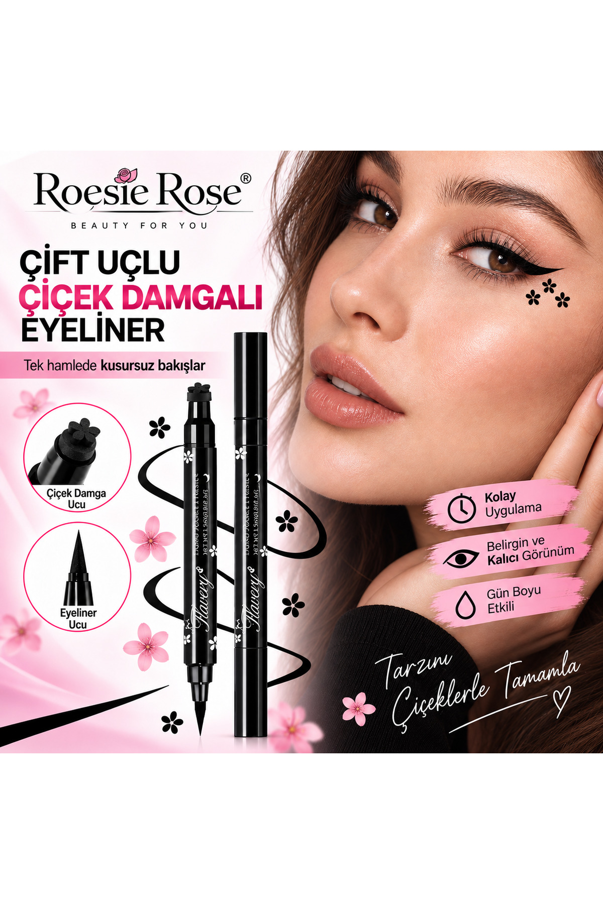 Çift Uçlu Çiçek Damgalı Eyeliner Siyah İnce Uçlu Stamp Makyaj Kalemi — مشکی 365279