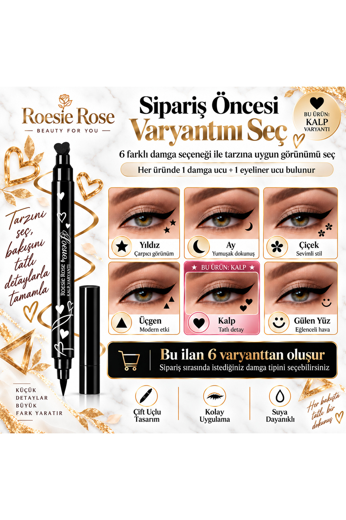 Çift Uçlu Kalp Damgalı Eyeliner Siyah İnce Uçlu Stamp Makyaj Kalemi — مشکی 365279 — تصویر 8 از 8