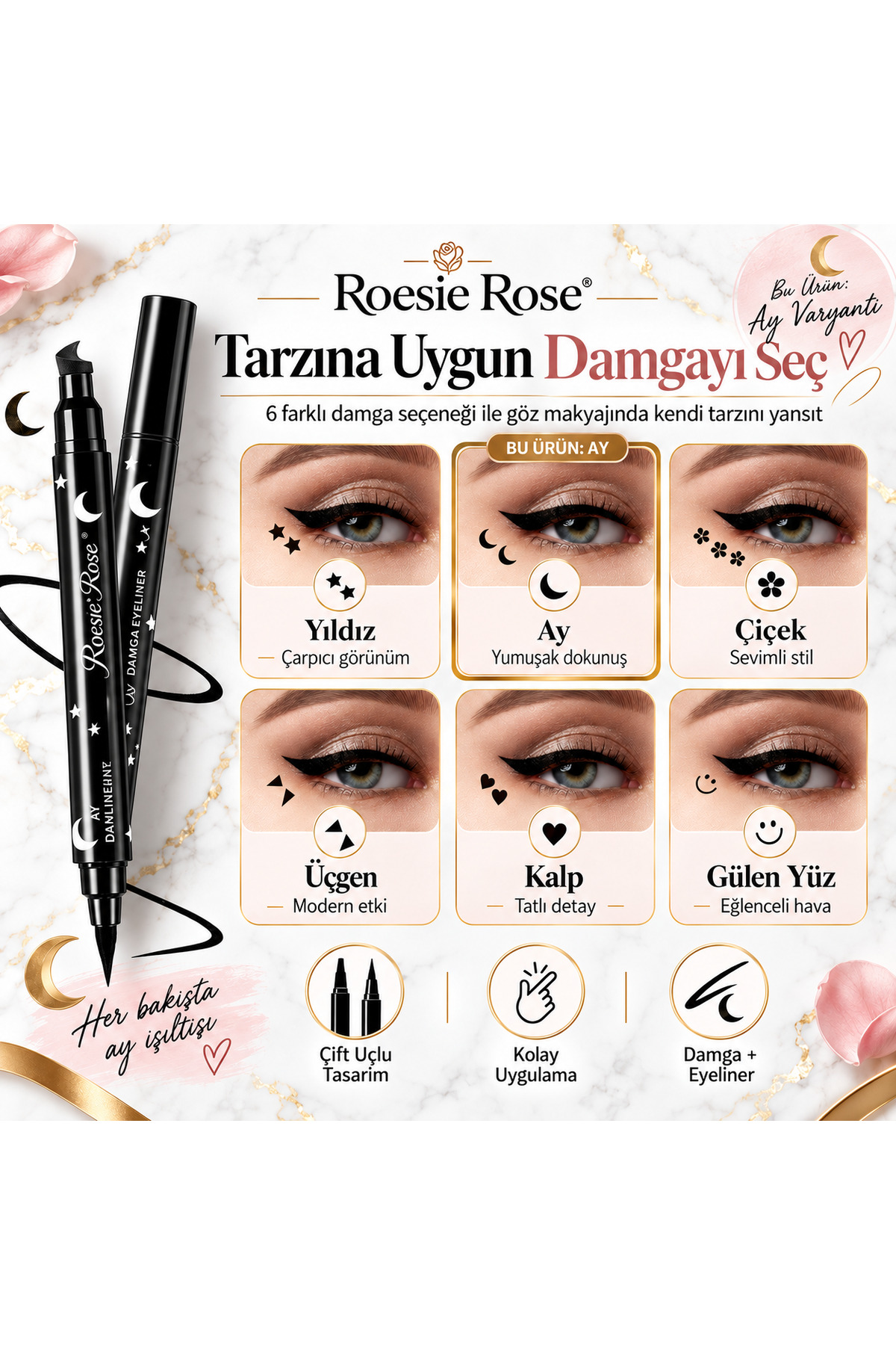 Çift Uçlu Ay Damgalı Eyeliner Siyah İnce Uçlu Stamp Makyaj Kalemi — مشکی 365279 — تصویر 7 از 8