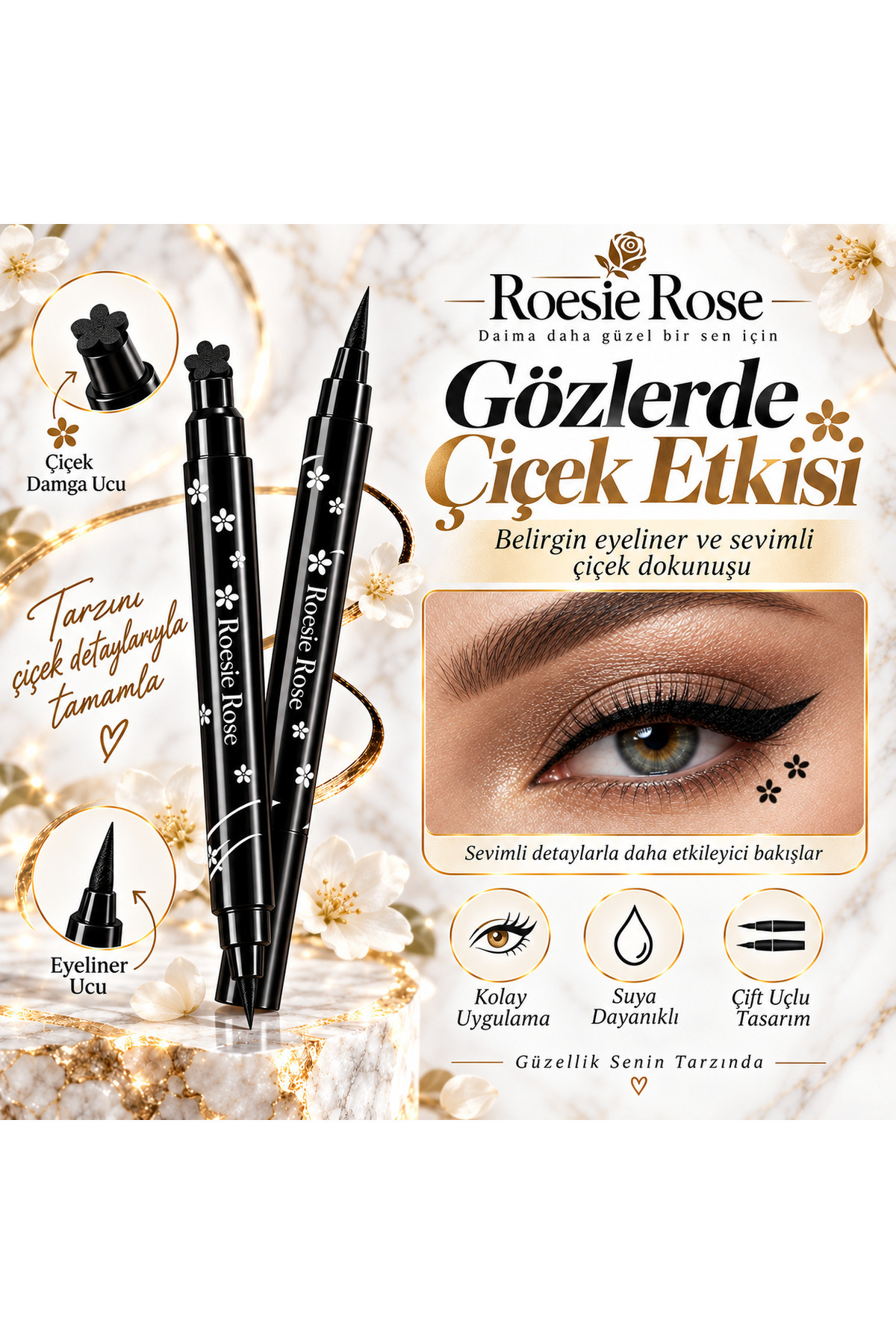 Çift Uçlu Çiçek Damgalı Eyeliner Siyah İnce Uçlu Stamp Makyaj Kalemi — مشکی 365279 — تصویر 2 از 8