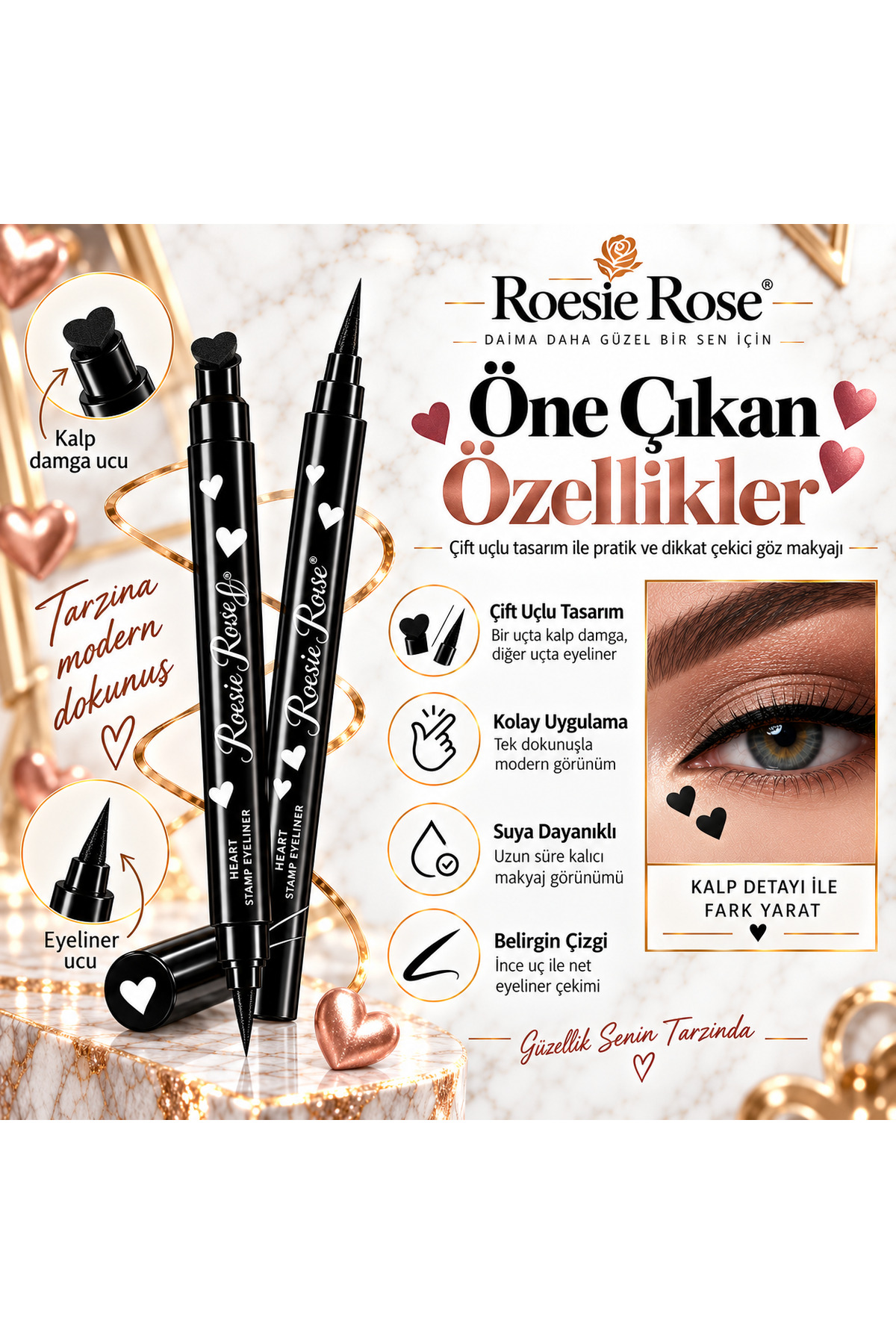 Çift Uçlu Kalp Damgalı Eyeliner Siyah İnce Uçlu Stamp Makyaj Kalemi — مشکی 365279 — تصویر 4 از 8