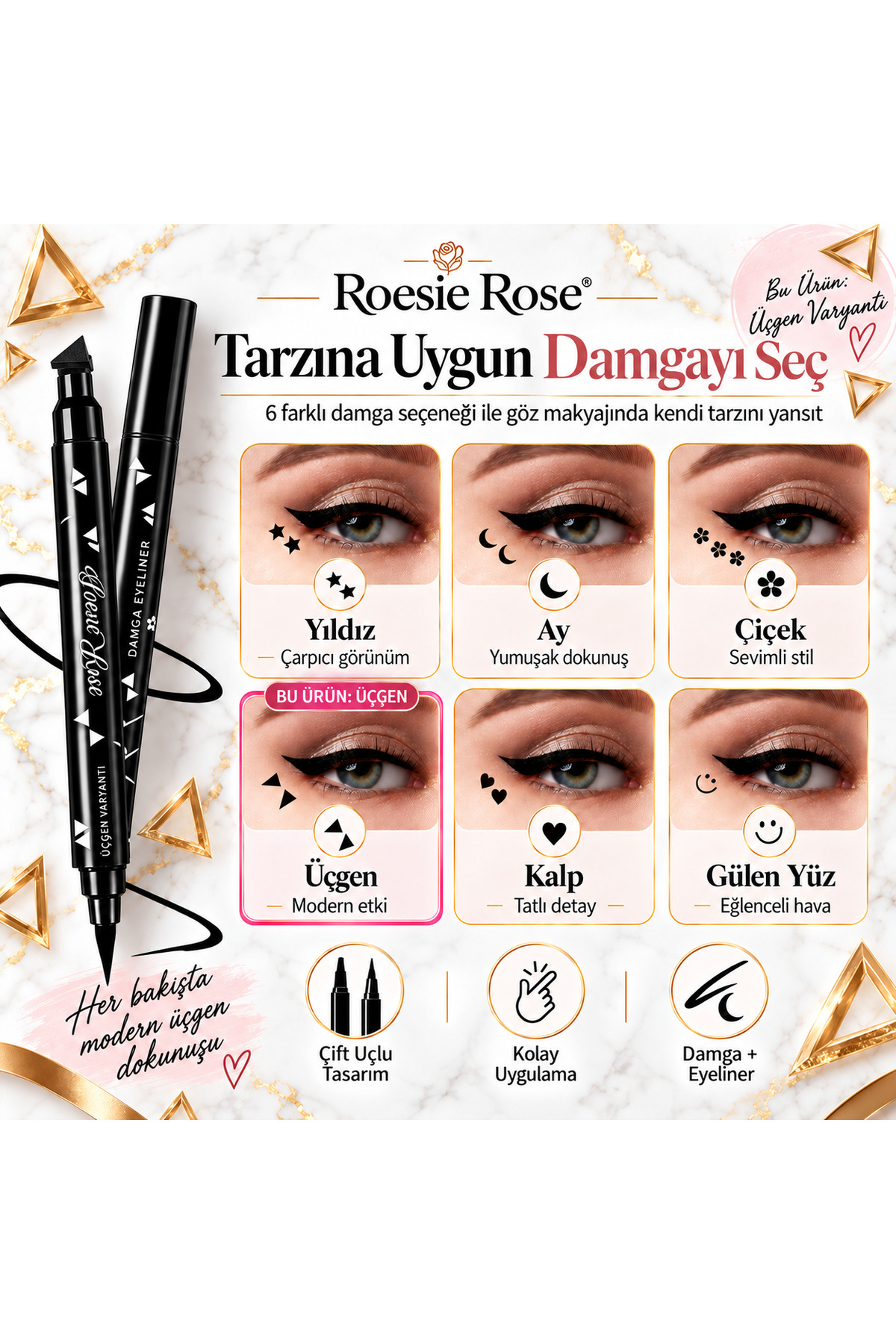 Çift Uçlu Üçgen Damgalı Eyeliner Siyah İnce Uçlu Stamp Makyaj Kalemi — مشکی 365279 — تصویر 7 از 8