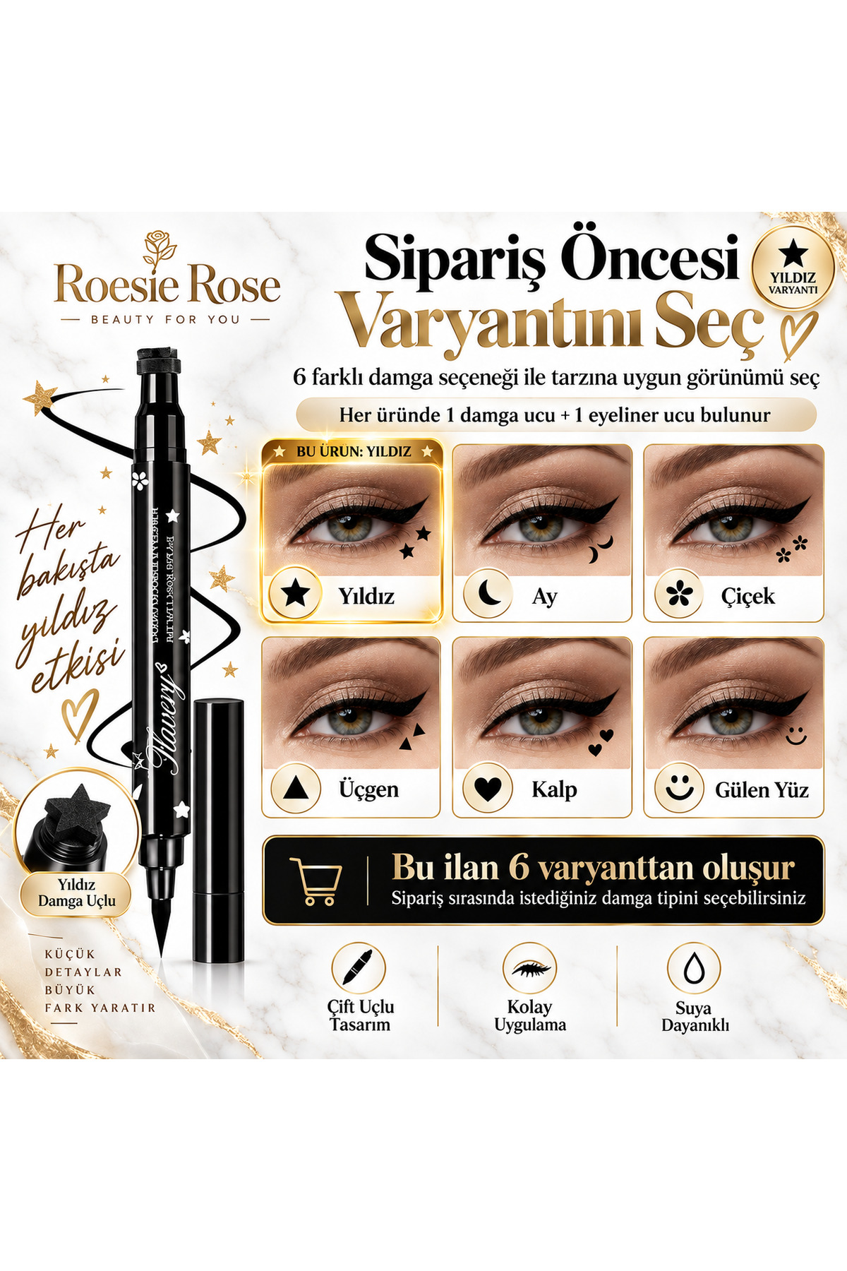 Çift Uçlu Yıldız Damgalı Eyeliner Siyah İnce Uçlu Stamp Makyaj Kalemi — مشکی 365279 — تصویر 8 از 8