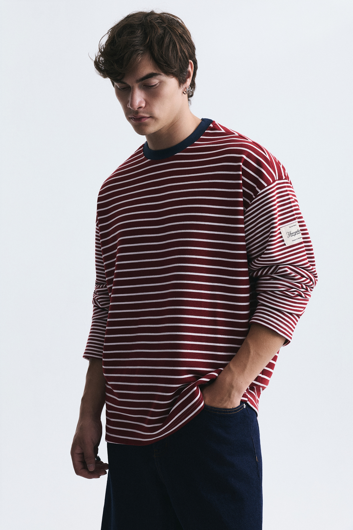 Kontrast Yaka Çizgili Sweatshirt — سفید V70-265 — تصویر 5 از 5