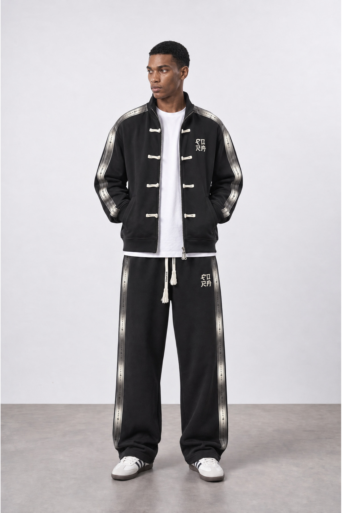 Erkek Çin Düğme Detaylı Şeritli Doubleface Eşofman Takımı Siyah — رنگارنگ R-2006