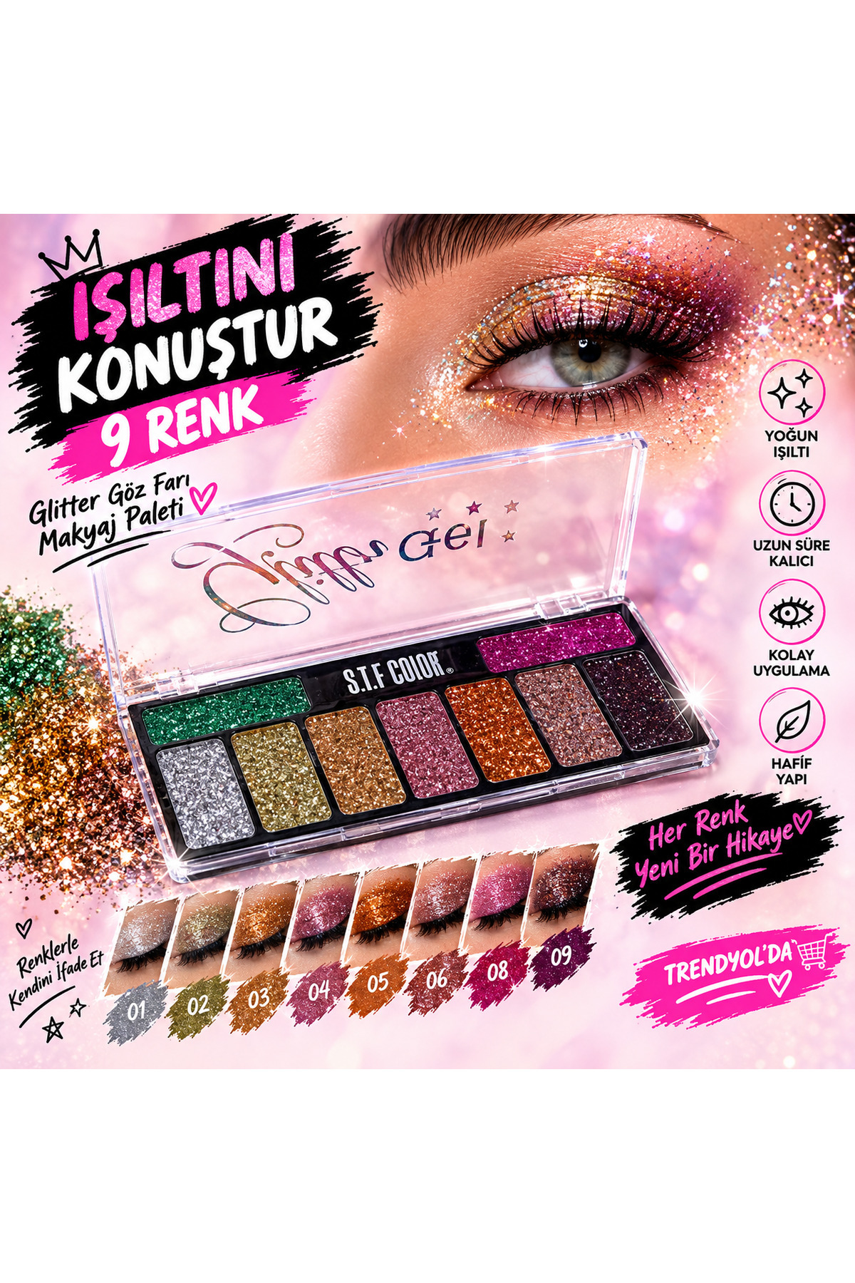 9 Renk Glitter Gel Göz Farı & Makyaj Paleti — ZRD113500