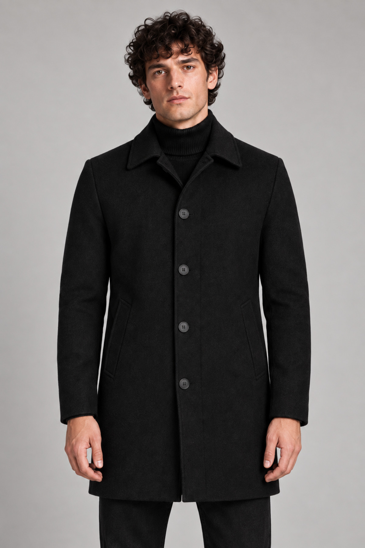 Erkek Siyah Slim Fit Kaşe Kaban – Klasik Yaka 4 Düğmeli Kısa Kesim Kışlık Palto — مشکی RAE-517