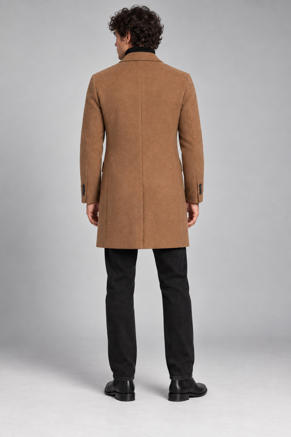 Erkek Vizon, Slim Fit Kaşe Kaban – Klasik Yaka 3 Düğmeli Uzun Kesim Kışlık Palto — قهوه‌ای RAE-513 — تصویر 5 از 5