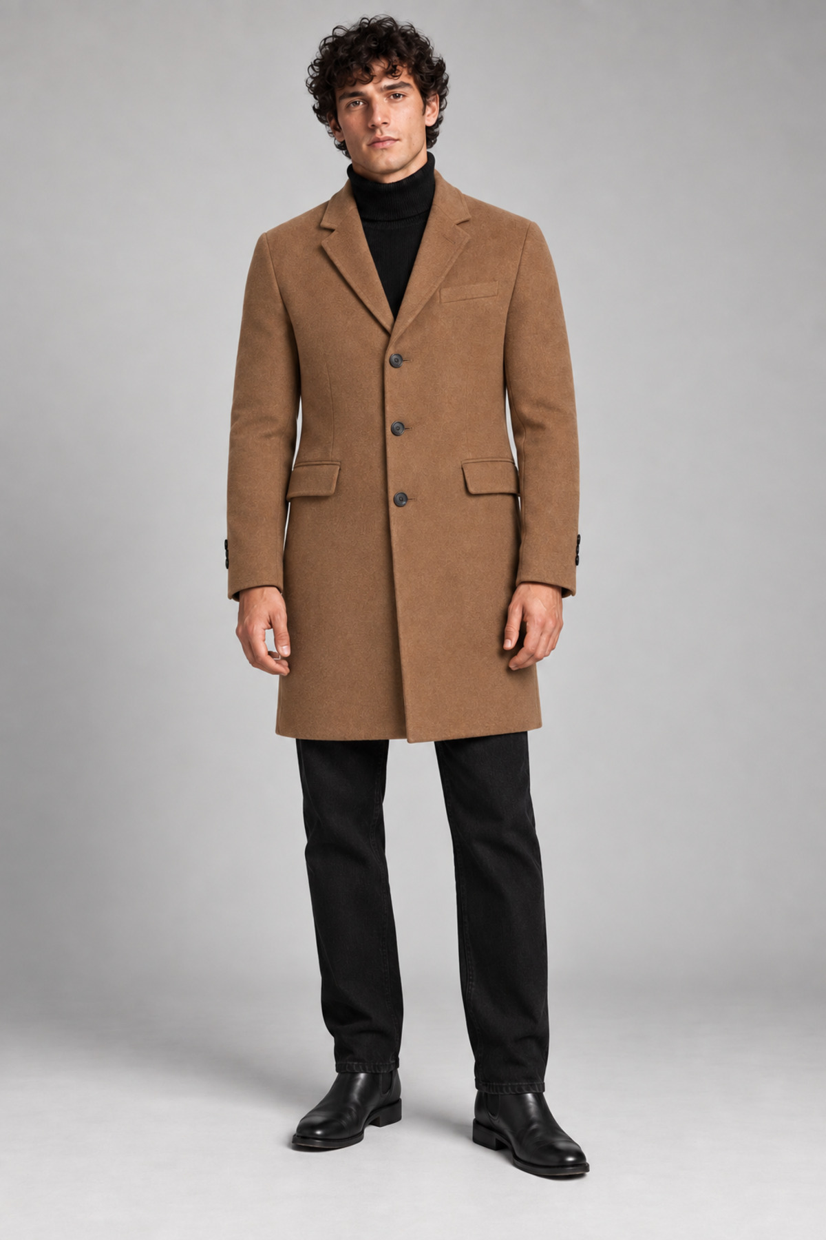 Erkek Vizon, Slim Fit Kaşe Kaban – Klasik Yaka 3 Düğmeli Uzun Kesim Kışlık Palto — قهوه‌ای RAE-513 — تصویر 4 از 5
