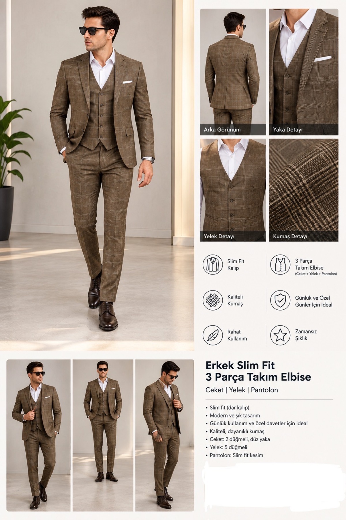 Erkek Kahverengi Ekose Desenli Slim Fit Dar Kalıp 3 Parça Takım Elbise — قهوه‌ای kahve3parçaekose