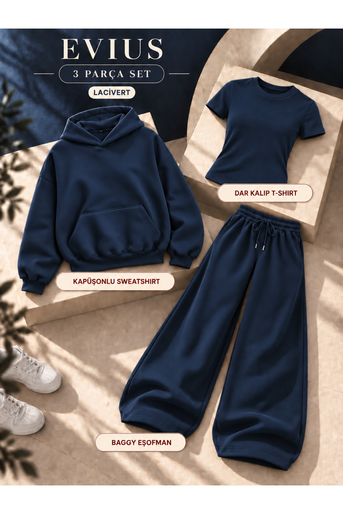 Oversize 3'lü Set Dar Kalıp Tshirt Kapüşonlu %100 Pamuklu Bol Paça Eşofman Takımı — سرمه‌ای eviusnybgbdst