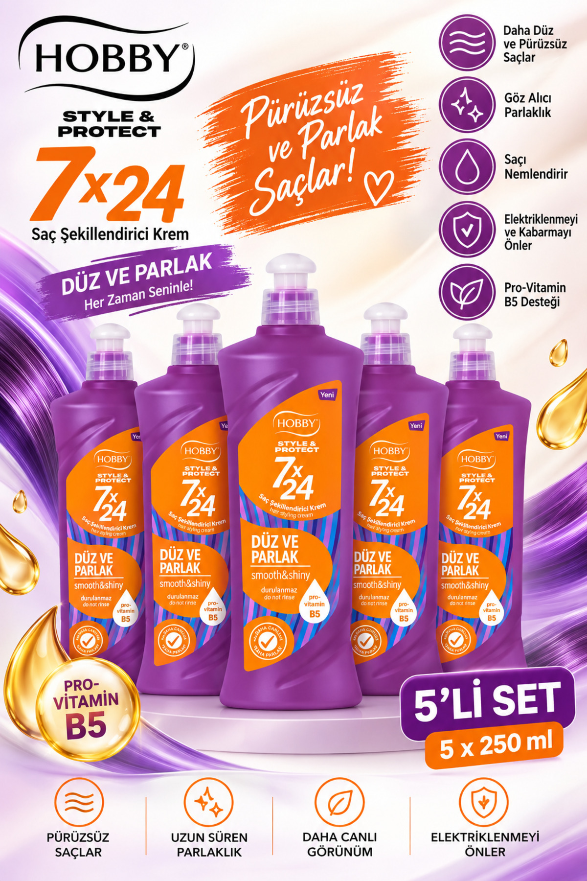 Hobby 7/24 Düz Parlak Saç Şekillendirici Krem 250 ml 5'li Set — NCF--DüzParlak5