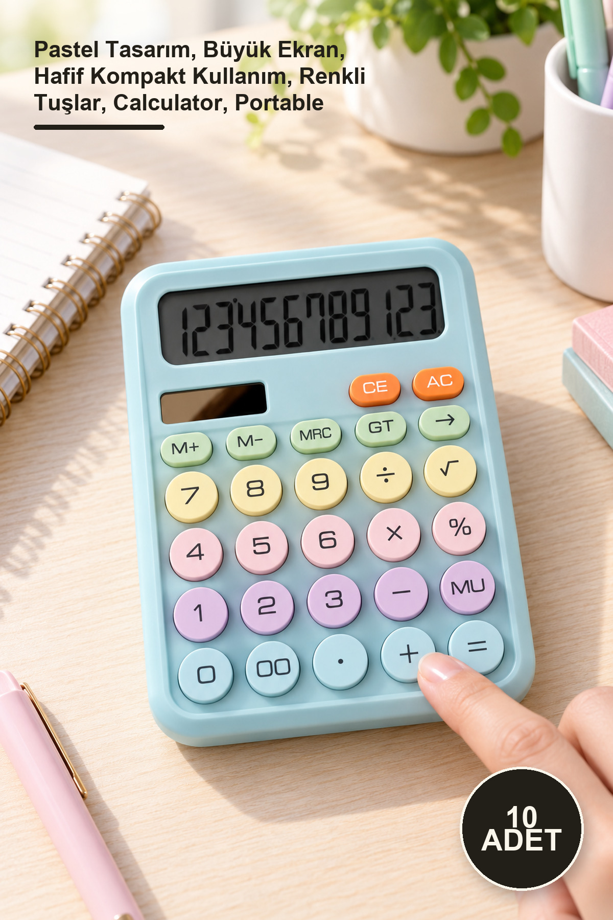 Yenilig 10 Adet Renkli Hesap Makinesi – Pastel Tasarım, Büyük Ekran, Hafif Kompakt Kullanım, Renkli Tuşlar, Calculator, Portable