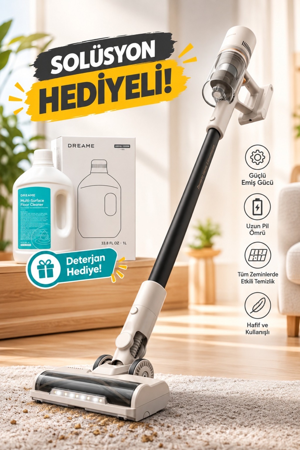 Dreame ELVT Yeni Solüsyon Hediyeli akülü elektrikli süpürge, 100 AW güçlü emiş gücü, kablosuz, çeşitli yüzeyler için fırça, LED ışıklı, ev temizliği, hayvan tüyleri, halılar için ideal