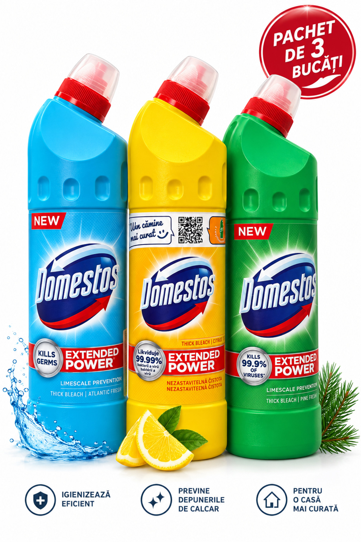 Domestos 3x 750 ml blue, yellow and green toilet liquid