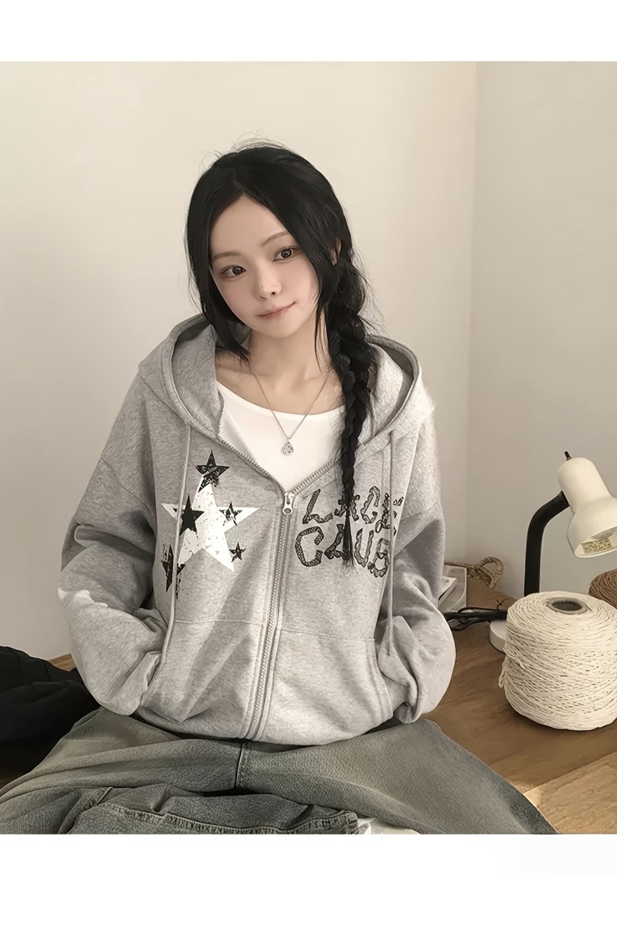 Toum Star Lace Club Design Oversize Fermuarlı Unisex Kapüşonlu Hırka — خاکستری KSSnm112