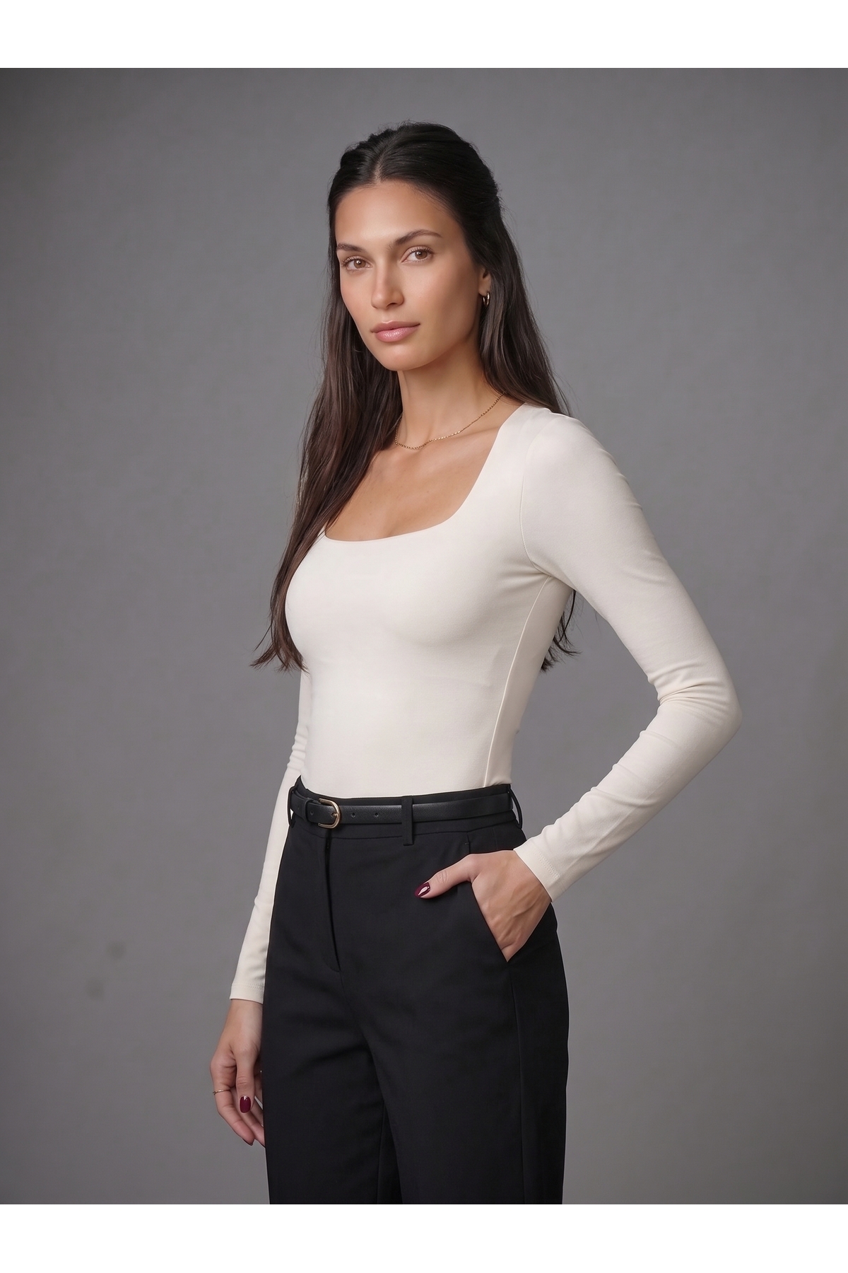 Kadın Uzun Kollu Kare Yaka Çıtçıtlı Slim Fit Esnek Bodysuit - Beyaz 3
