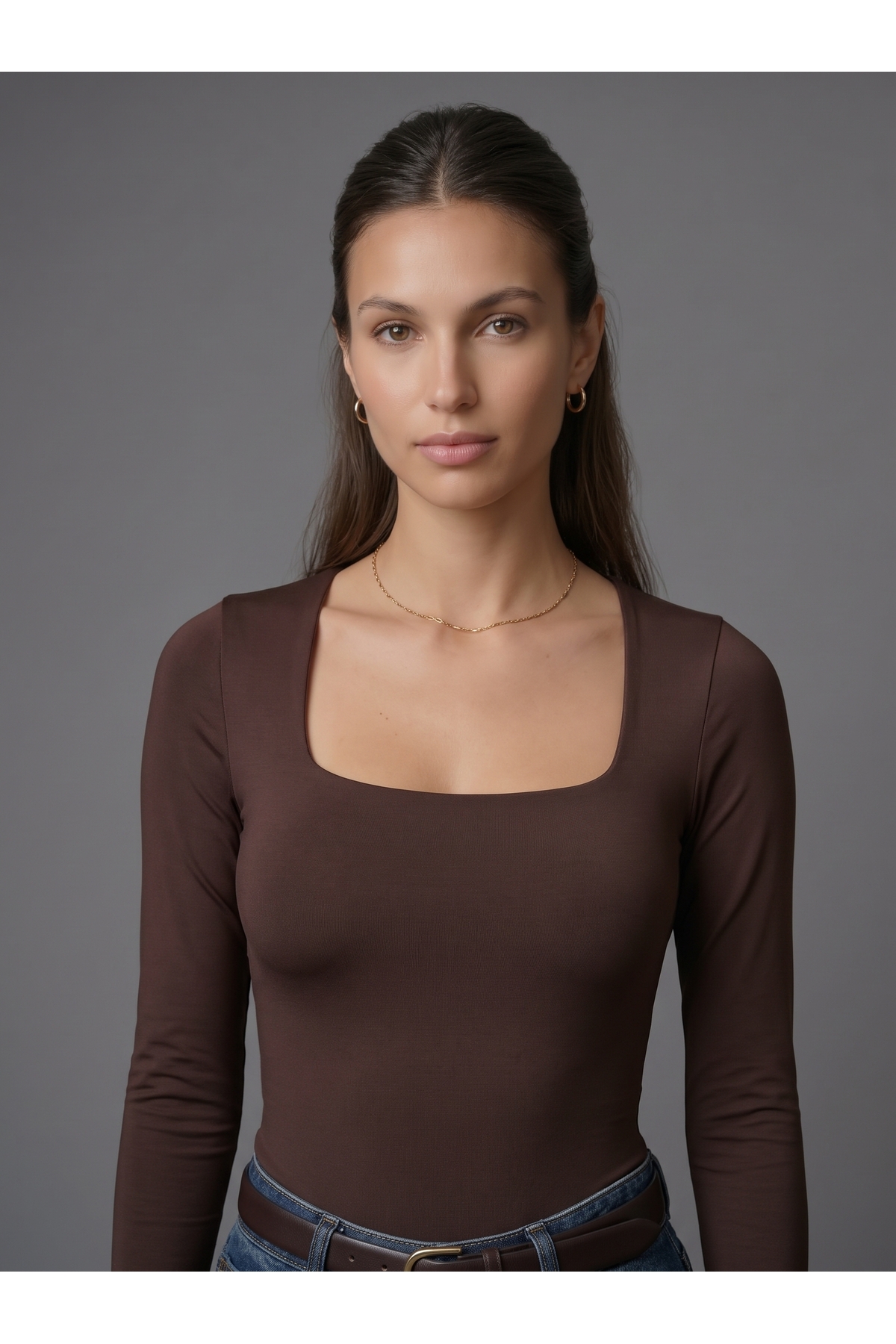 Kadın Uzun Kollu Kare Yaka Çıtçıtlı Slim Fit Esnek Bodysuit - Kahverengi 2