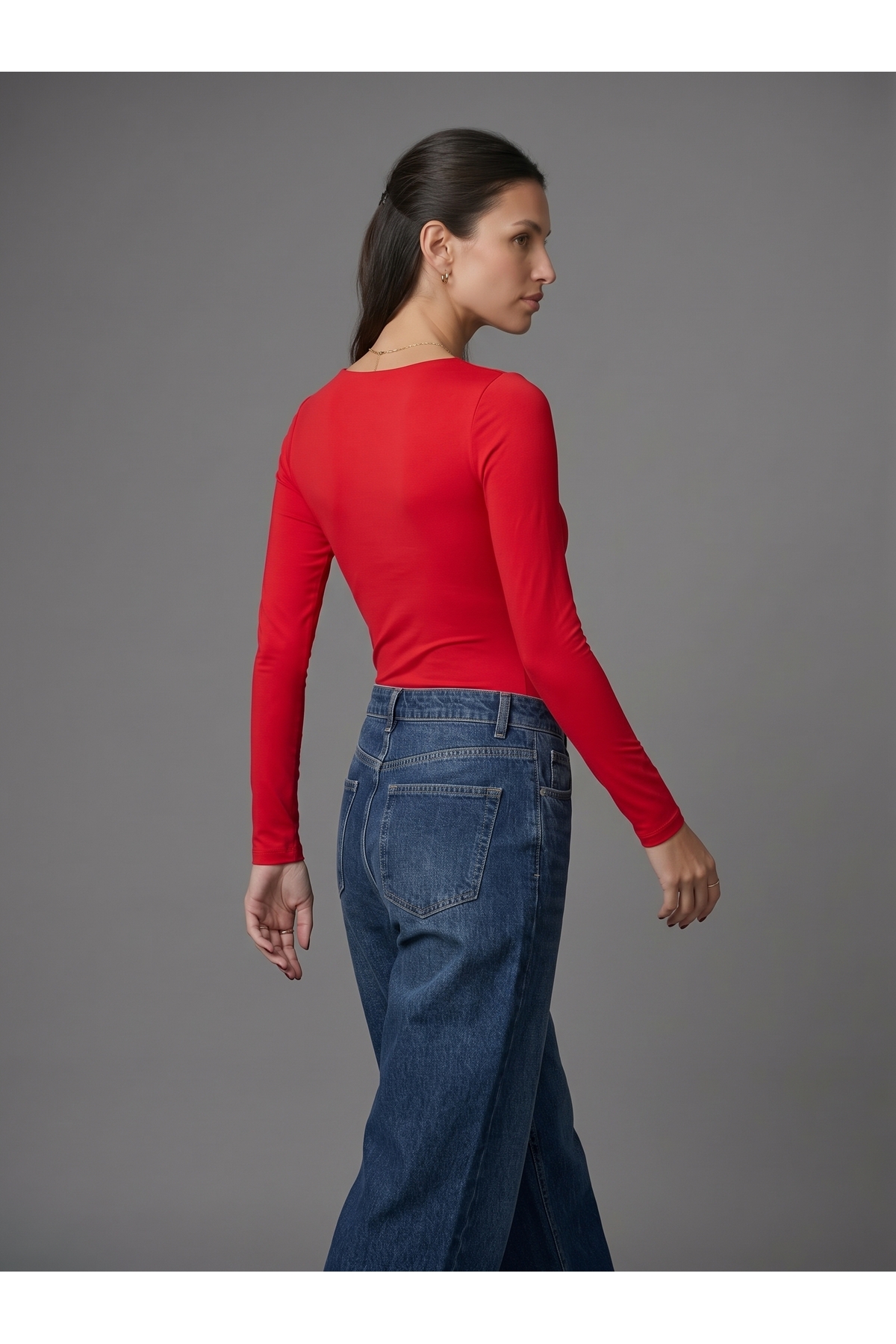 Kadın Uzun Kollu Kare Yaka Çıtçıtlı Slim Fit Esnek Bodysuit - Kırmızı 4