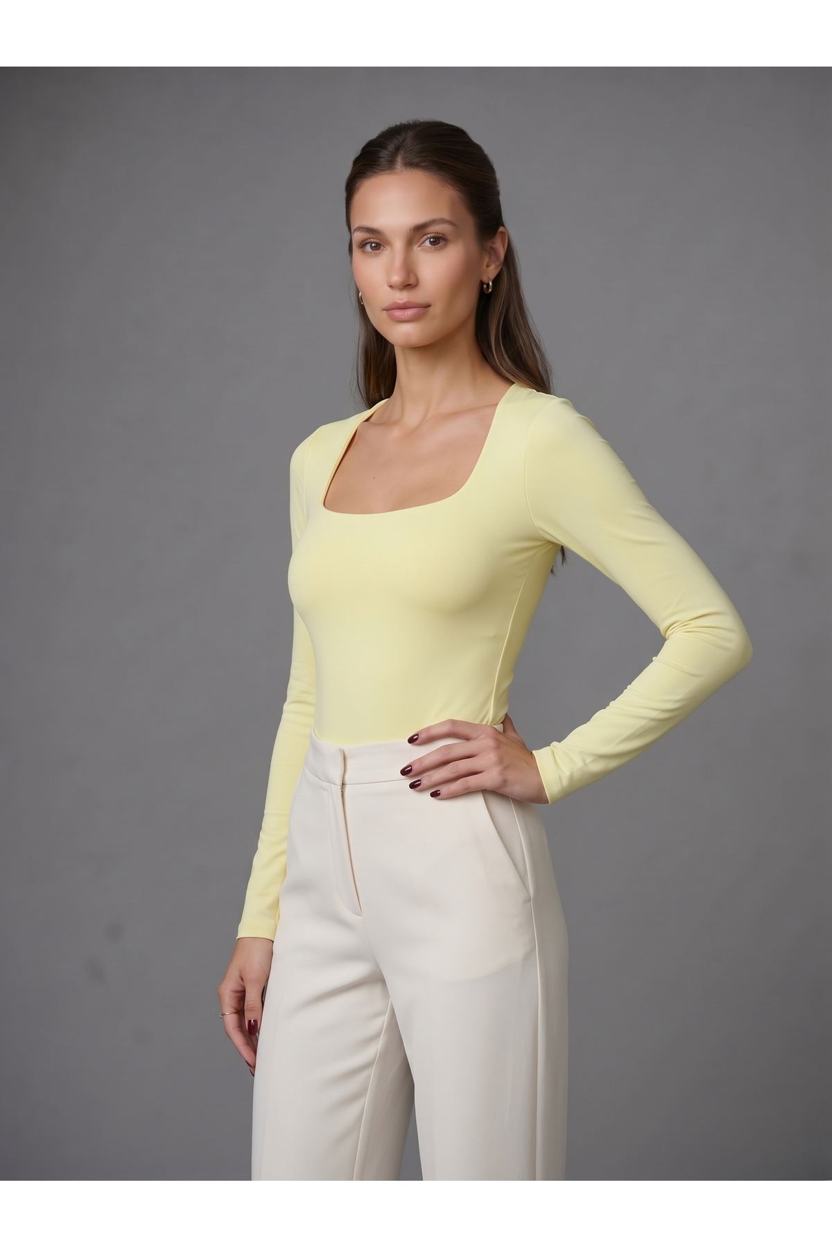 Kadın Uzun Kollu Kare Yaka Çıtçıtlı Slim Fit Esnek Bodysuit - Sarı 3