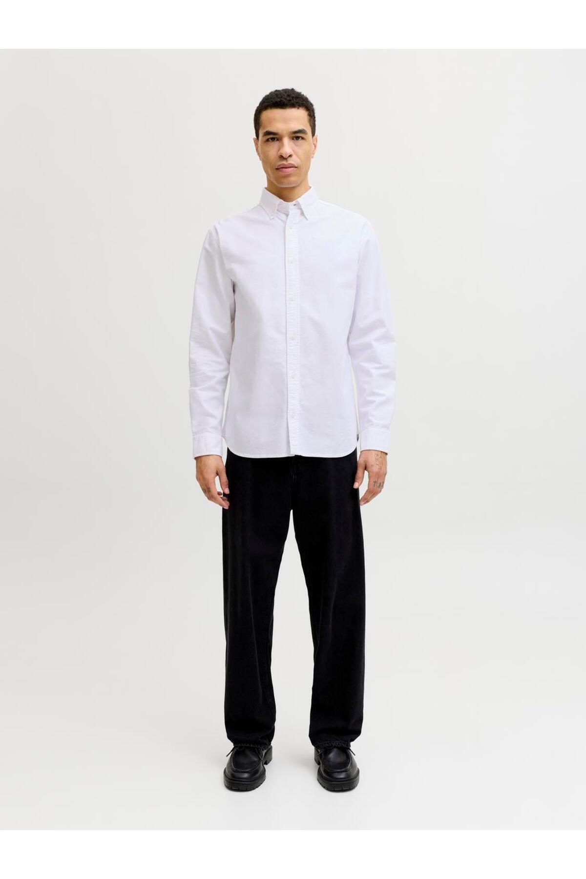 Jack Jones Jjeharvey Oxford L/s Shırt Noos Erkek Beyaz Gömlek 12293325-01 — سفید — تصویر 2 از 7