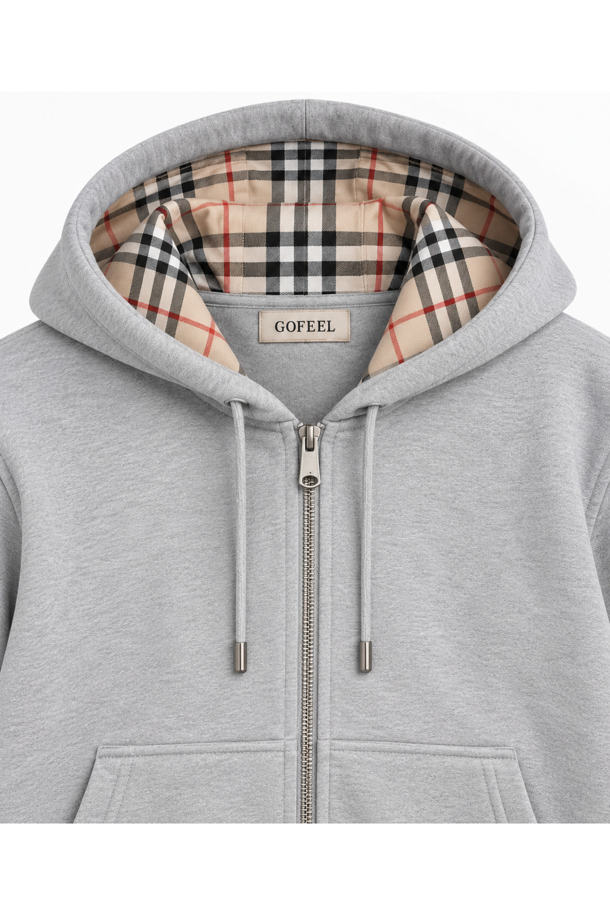 Ekose Kapüşonlu Fermuarlı Oversize Hırka Hoodie — خاکستری ekostuttu — تصویر 2 از 4