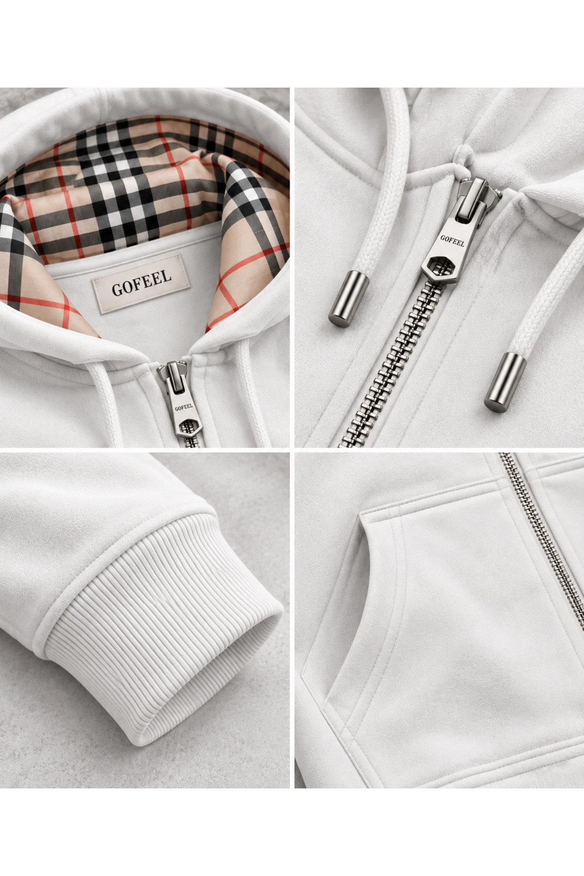 Ekose Kapüşonlu Fermuarlı Oversize Hırka Hoodie — سفید ekostuttu — تصویر 4 از 4