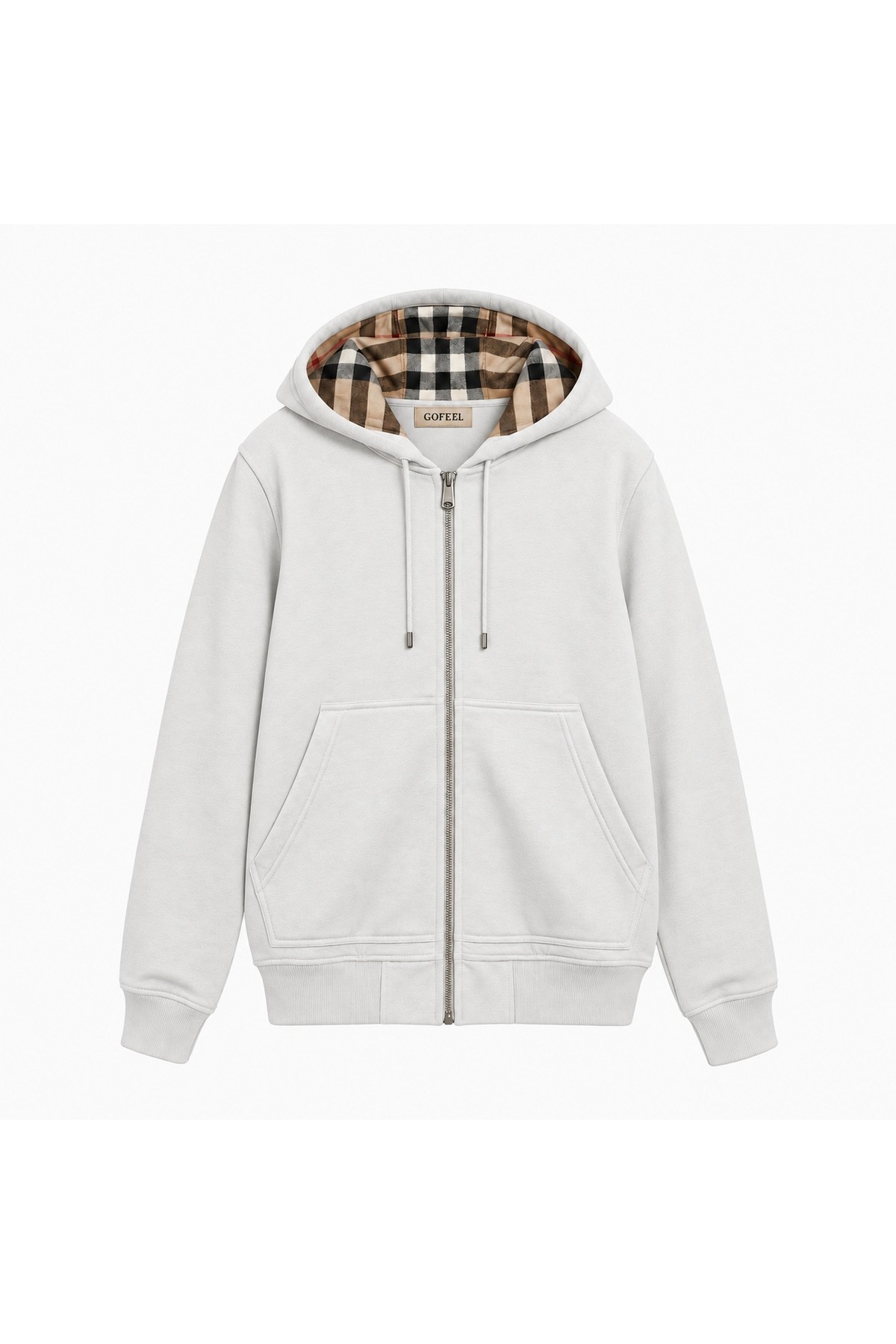 Gofeel Ekose Kapüşonlu Fermuarlı Oversize Hırka Hoodie — سفید ekostuttu