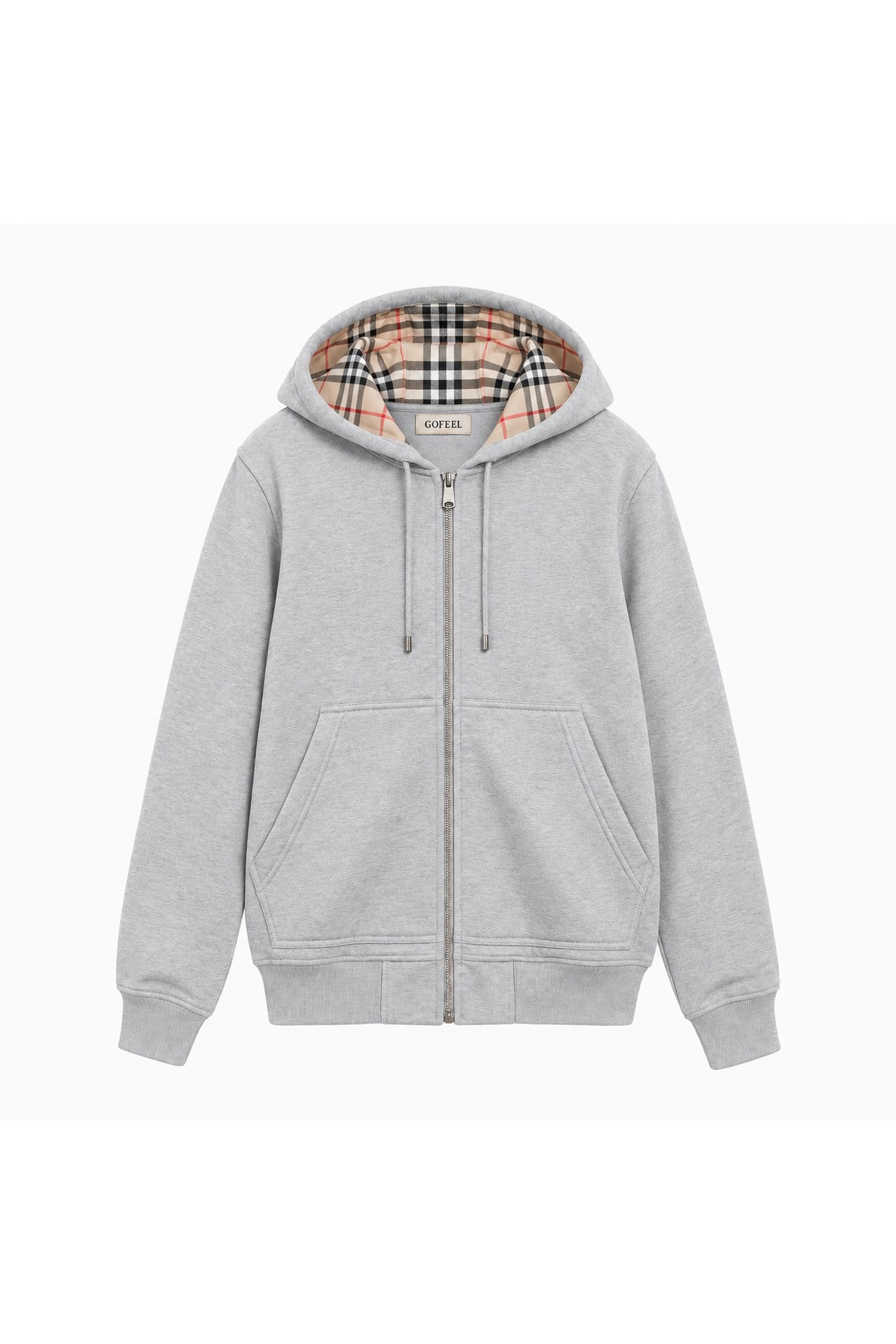 Gofeel Ekose Kapüşonlu Fermuarlı Oversize Hırka Hoodie — خاکستری ekostuttu
