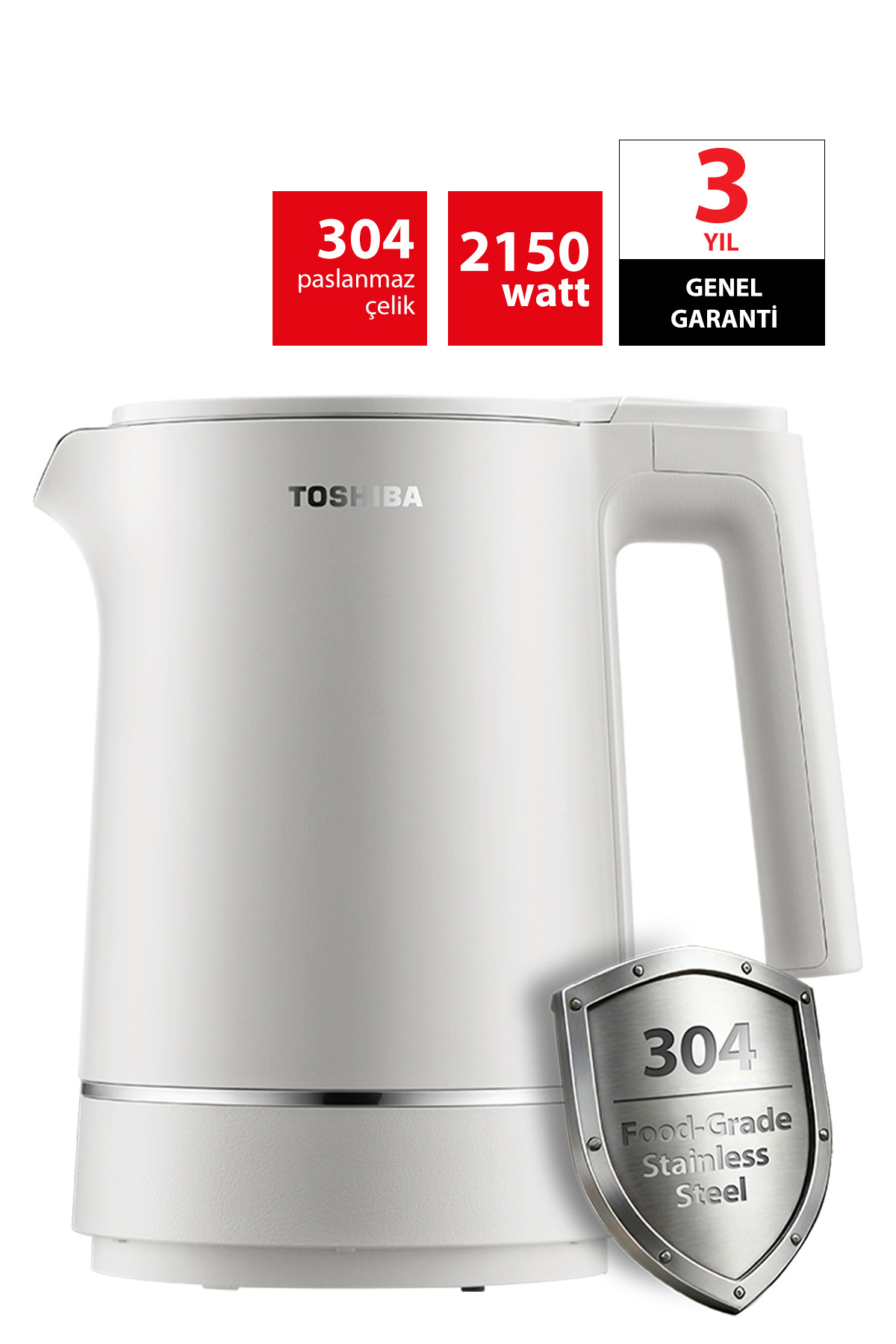 Toshiba Cool Touch Gizli Rezistanslı 1.5 L Beyaz Su Isıtıcı Kettle KT-15PS1VME(W)