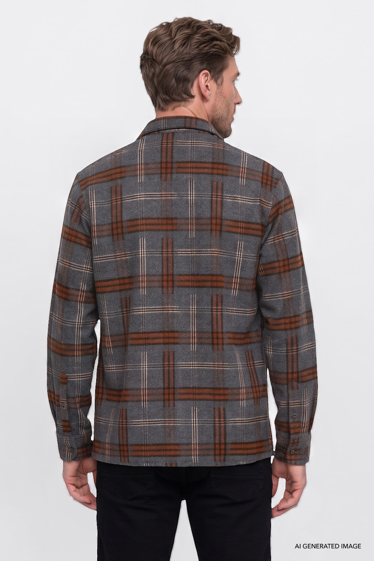 Erkek Antrasit-Bordo Oversize Fit Bol Kesim Gizli Düğmeli Yaka Ekose Desenli Flanel Gömlek — خاکستری ETE201271123 — تصویر 5 از 5