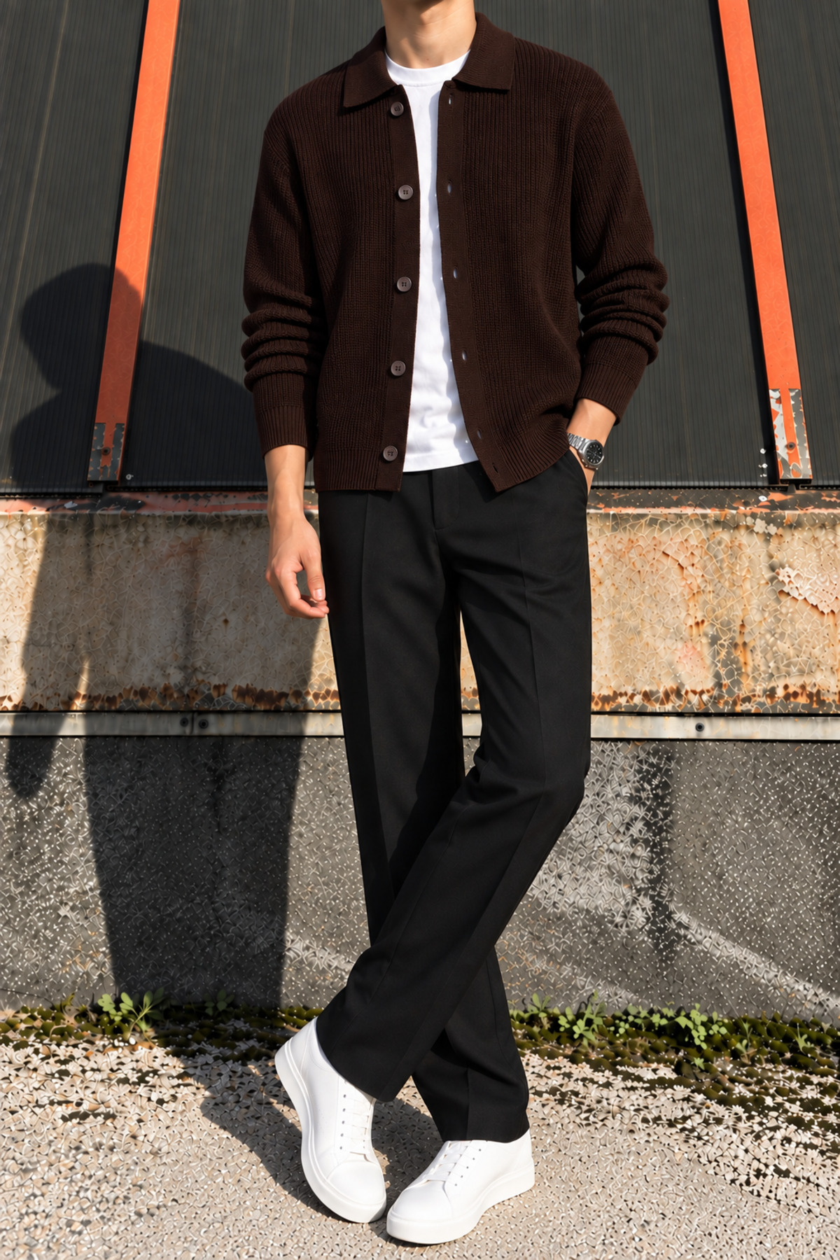 Polo yaka, düğmeli, regular-fit, casual, basic triko örgü hırka 26PLTK23 — قهوه‌ای — تصویر 3 از 5
