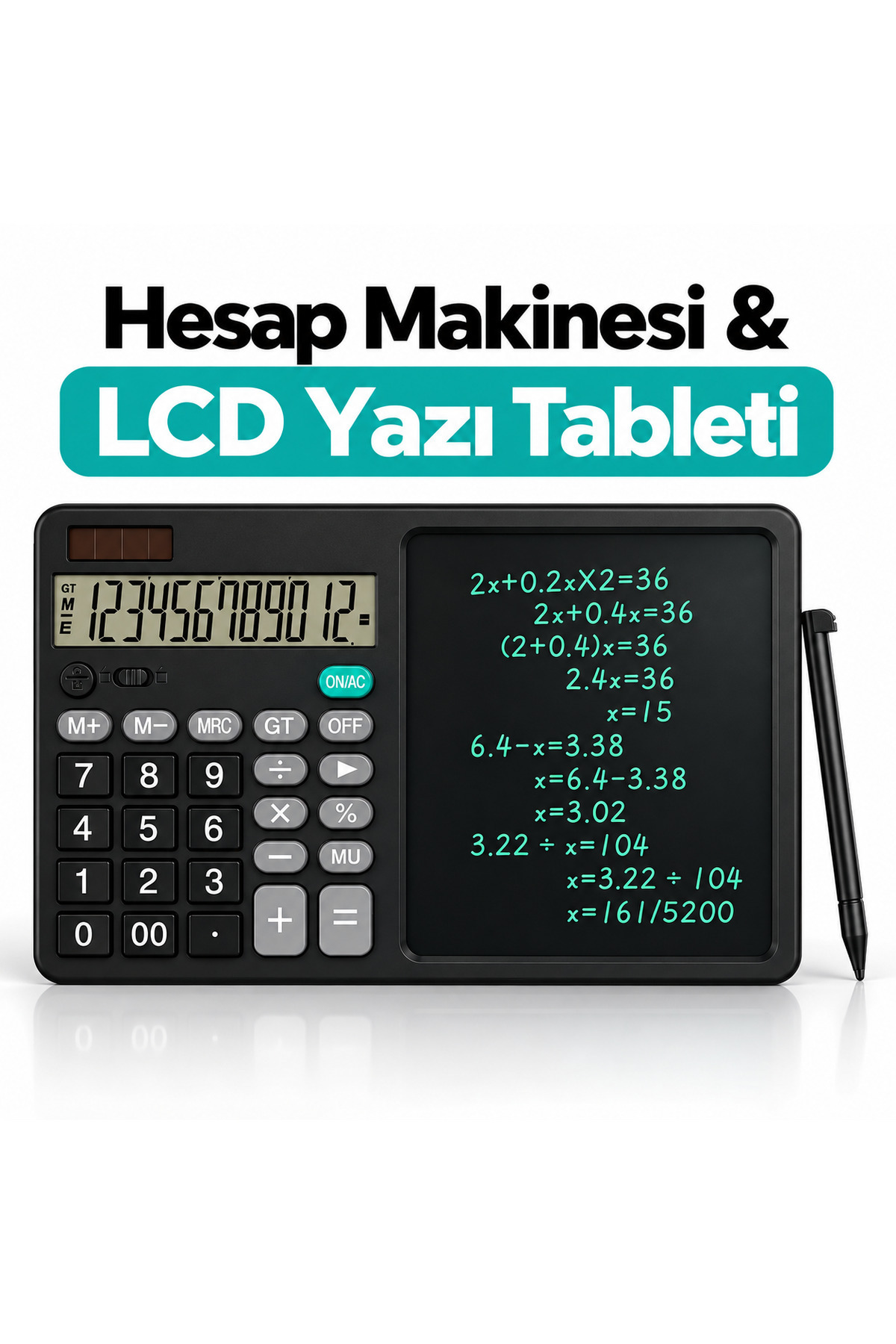 BRAVİON Akıllı Hesap Makinesi ve Yazı Tableti 2'si 1 Arada 12 Haneli, Kalemli, Geniş Yazı Ekranlı