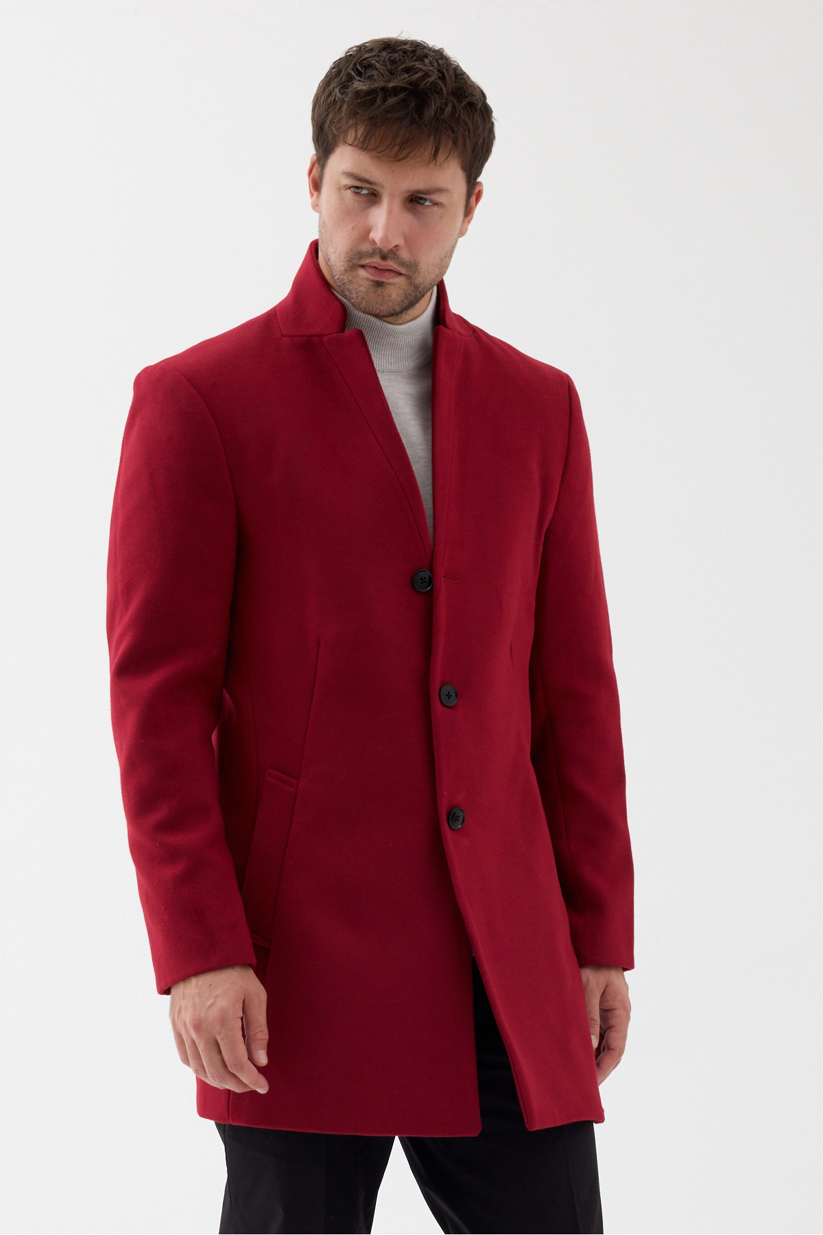 Pagano Erkek Kırmızı Slim Fit Dik Yaka Kaşe Kaban — قرمز 9300 PAGANO — تصویر 6 از 7