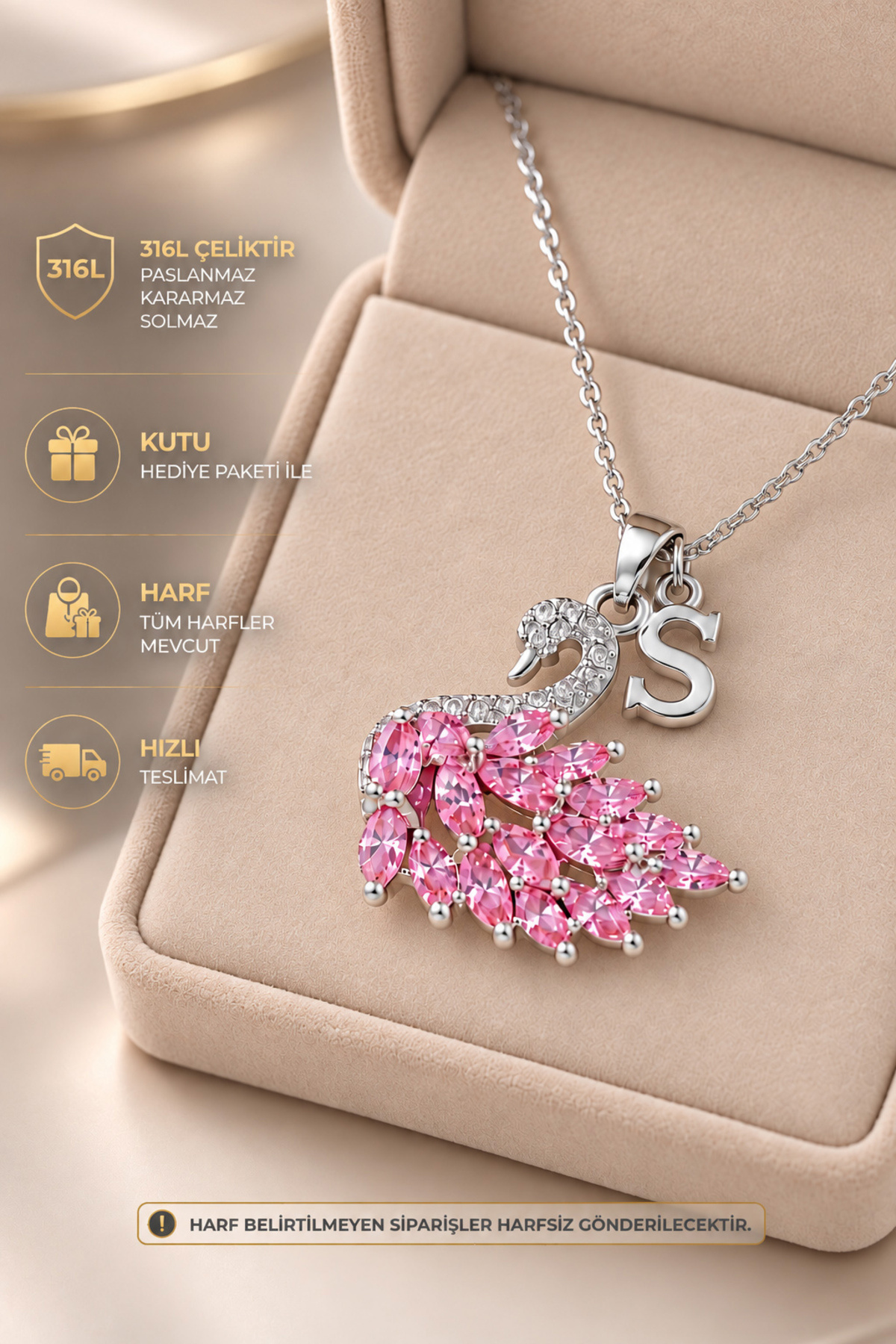 The Collection Kişiye özel Kararmaz Kadın Zirkon Pembe Taşlı Kuğu Harfli Çelik Kolye | Zarif ve Şık Kadın Kolye (Harf Belirtiniz)
