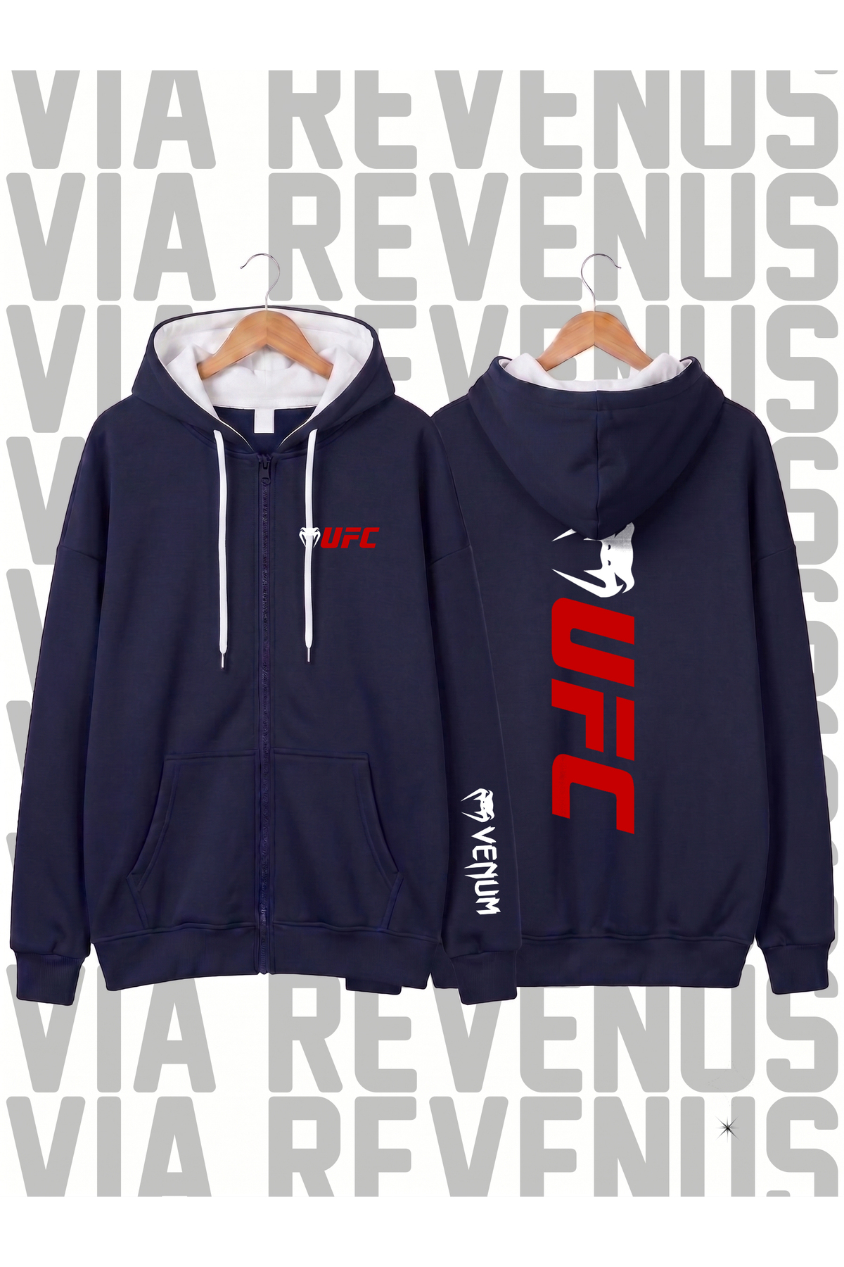 Ufc Ön Ve Arka Baskılı Unisex Fermuarlı Kapüşonlu Sweatshirt Hırka — سرمه‌ای FK3108UFC