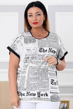 Yuvarlak Yaka Gazete Baskılı Kısa Tırnak Kol Rahat Bluz KHS15720-2_Siyah-beyaz