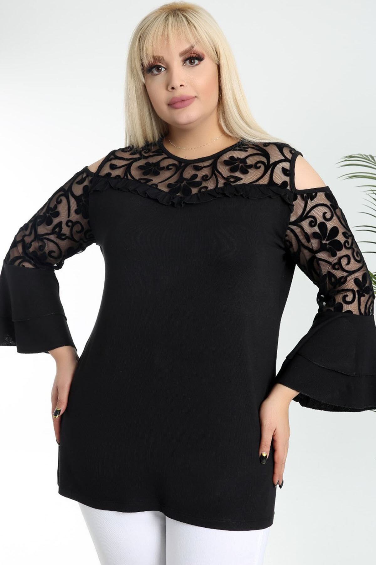 Kheos Bluză Elegantă Cu Mânecă Spaniolă, Cu Imprimeu Flocat, Cu Detaliu Din Tul Femeie - 46–48