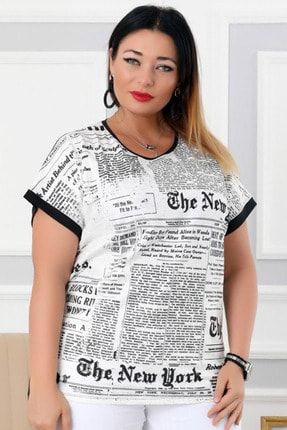 Gazete Baskılı Kısa Tırnak Kol Yuvarlak Yaka Rahat Bluz KHS15720-1_Siyah-beyaz