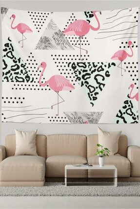 Üçgen Üstünde Flamingo Desenli Duvar Örtüsü Duvar Halısı TP1463