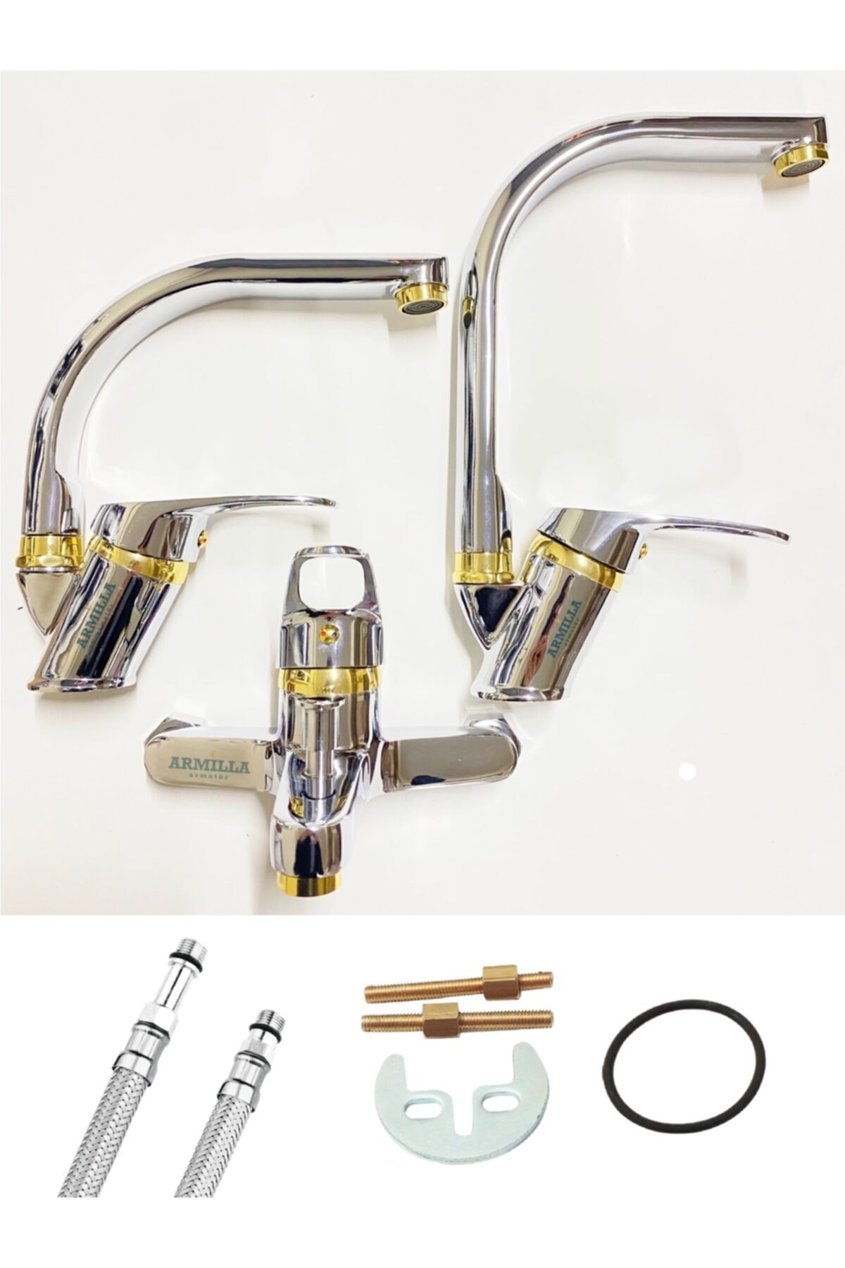 Chrome Gold Bathroom Kitchen Sink Faucet Faucet with Cane Tube 3-Piece Set