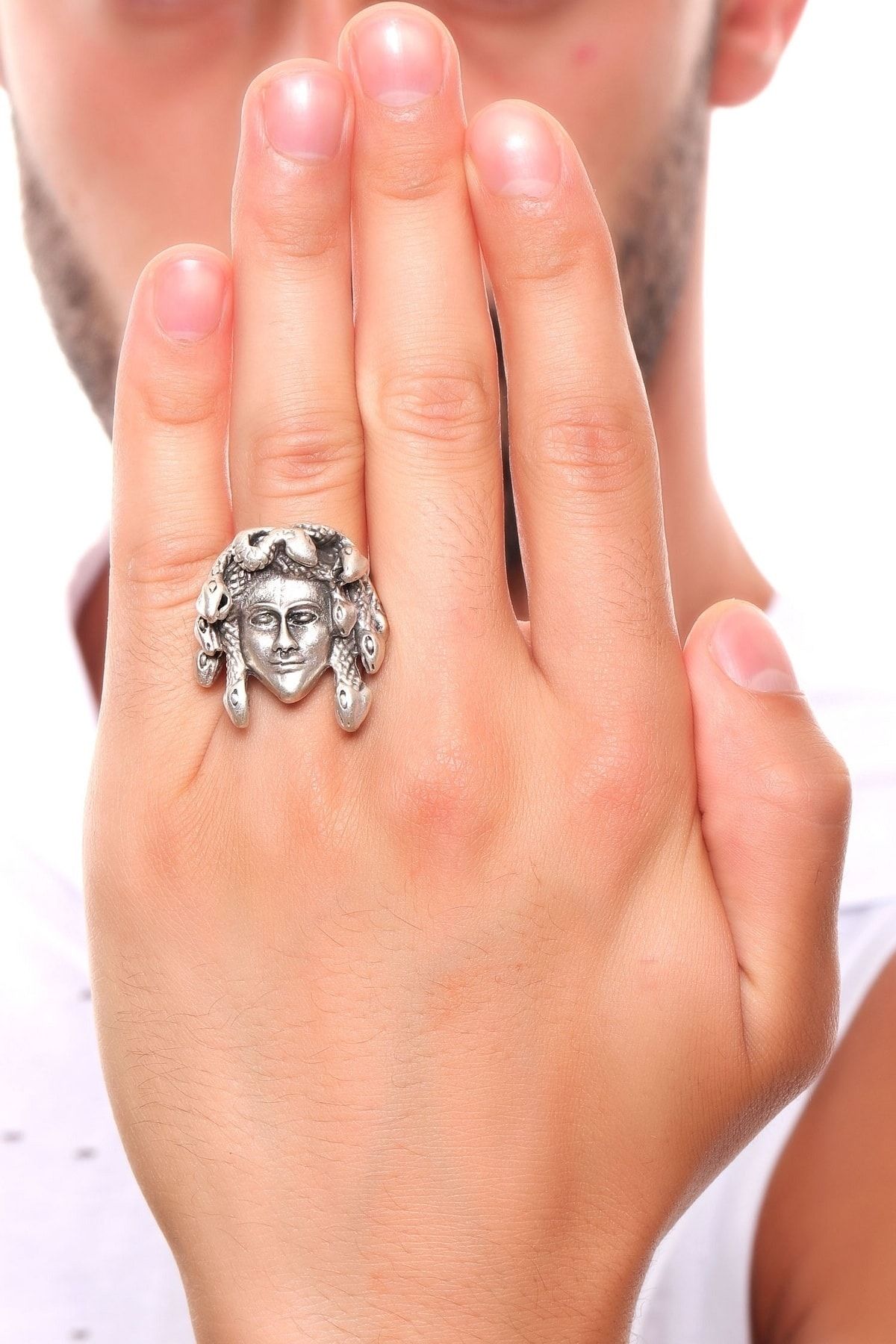 LABALABA Men s Antique Silver Plated Adjustable Gothic Medusa Ring