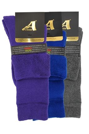 3'lü Paket Termal/Thermal Kıvrık Havlu Kalın Kışlık Kadın Çorap (Saks, Mor, Füme) RBF7037PLX3