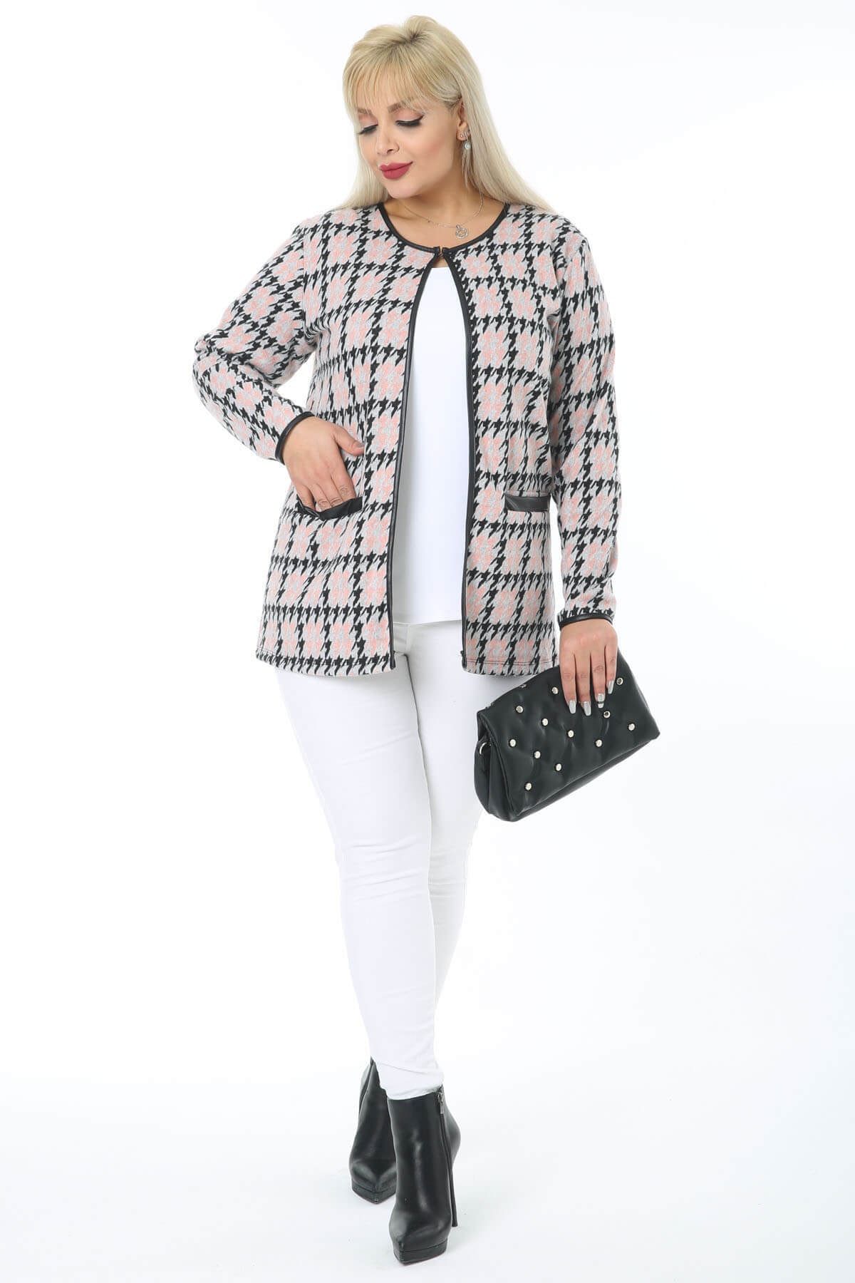 Mooi XXL Women s Powder Black Houndstooth Pattern Leather Piping
